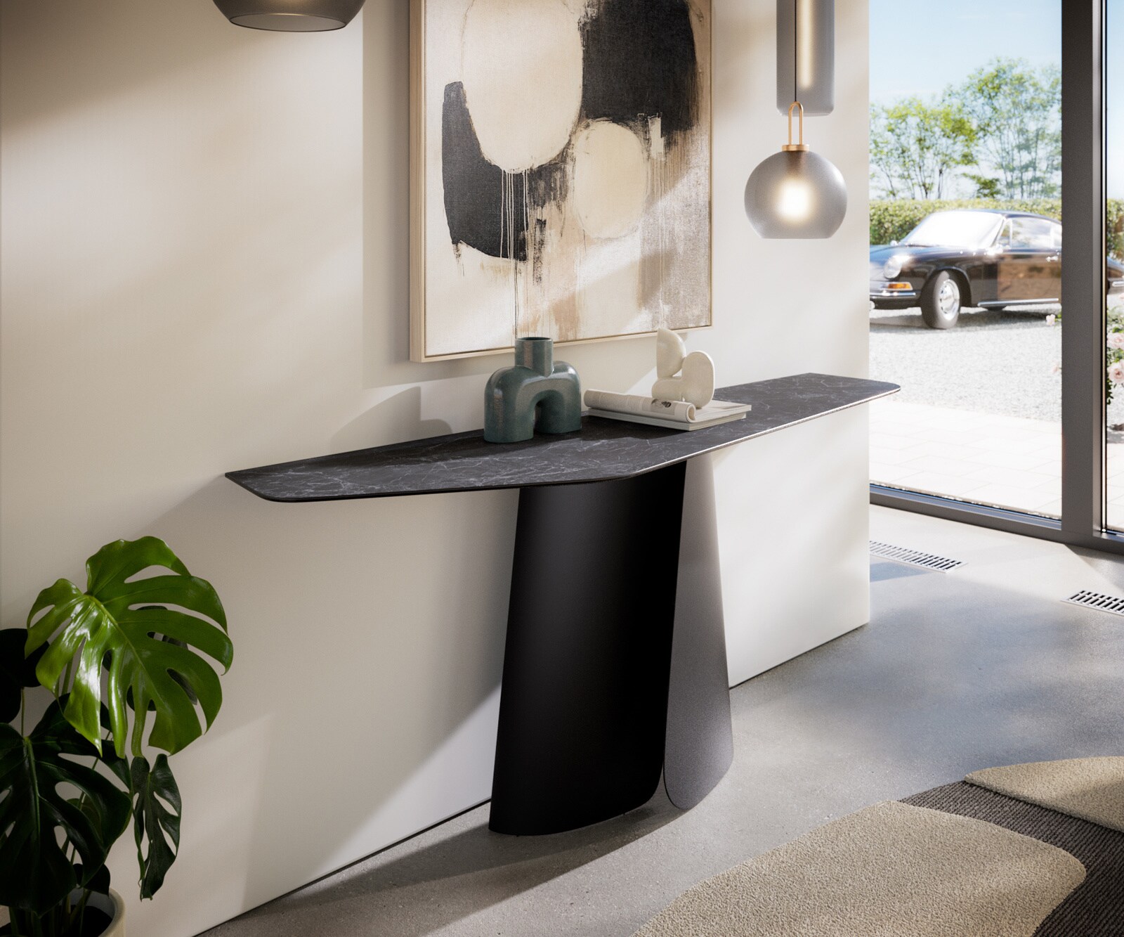DELIFE Konsolentisch Edge Polygonal 180x50 cm Keramik Laminam Nero Greco Anthrazit Livos Metall Schwarz, Konsolentische - B180 x T50 x H79 cm