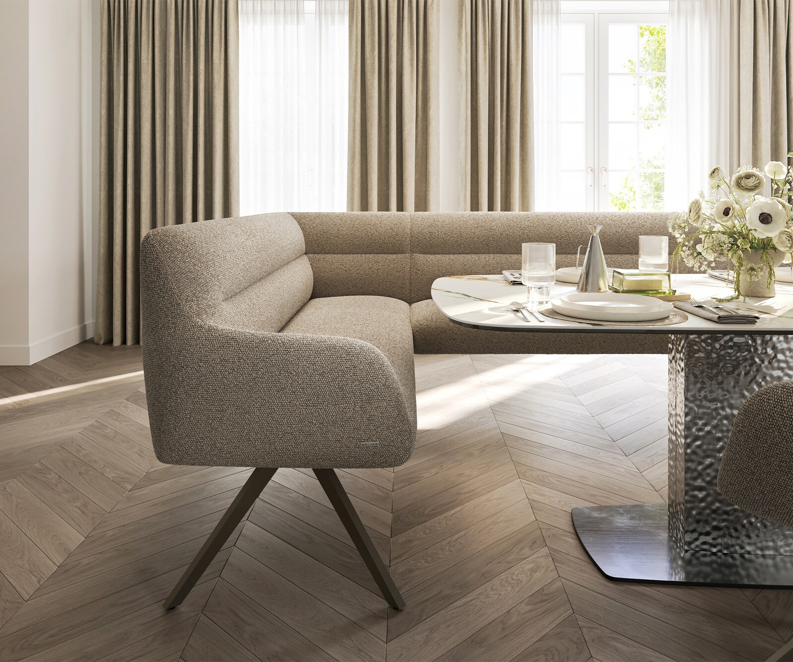 Esszimmerbank Taya-Flex 285x190 cm Bouclé Schlamm Kreuzgestell kantig Effektfinish Titan Taschenfederkern Rechts 5