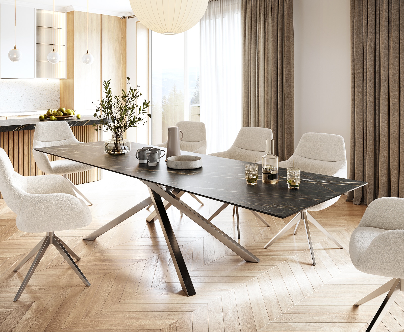 Delife Esstisch Edge 300x100cm Keramik Laminam®Noir Desir Braun Kreuzgestell Rechteck Edelstahl