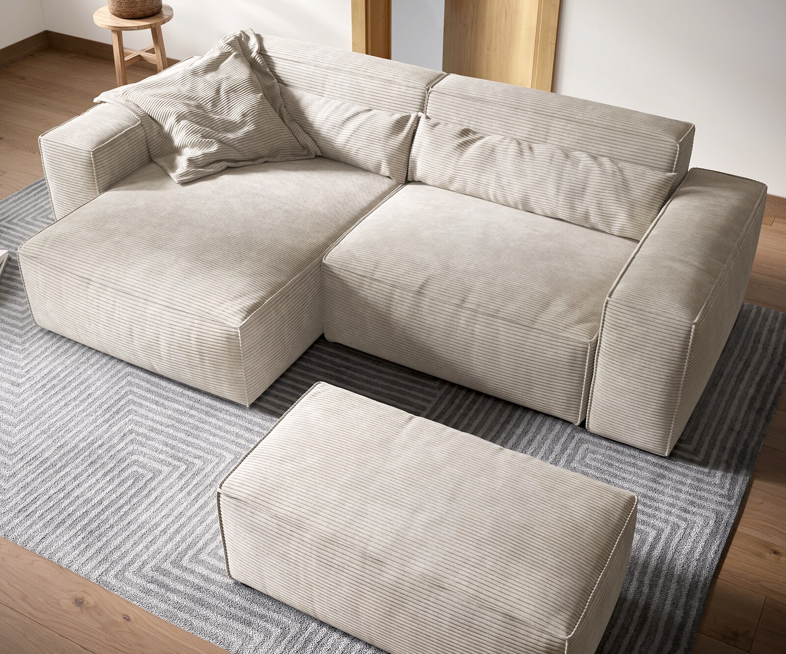Ecksofa Sirpio XL 270x170 cm Cord Beige Recamiere variabel mit Hocker 3