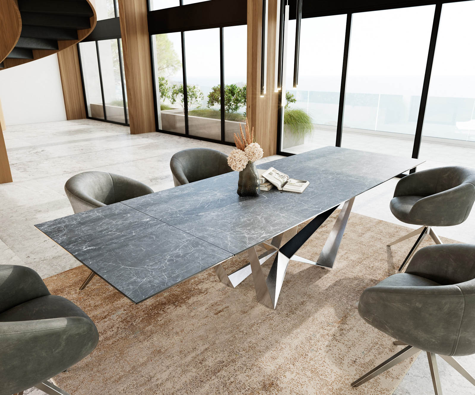 Esstisch Edge 200-300x100 Keramik Laminam®Nero Greco Anthrazit Spider Flachstahl Edelstahl ausziehbar 1