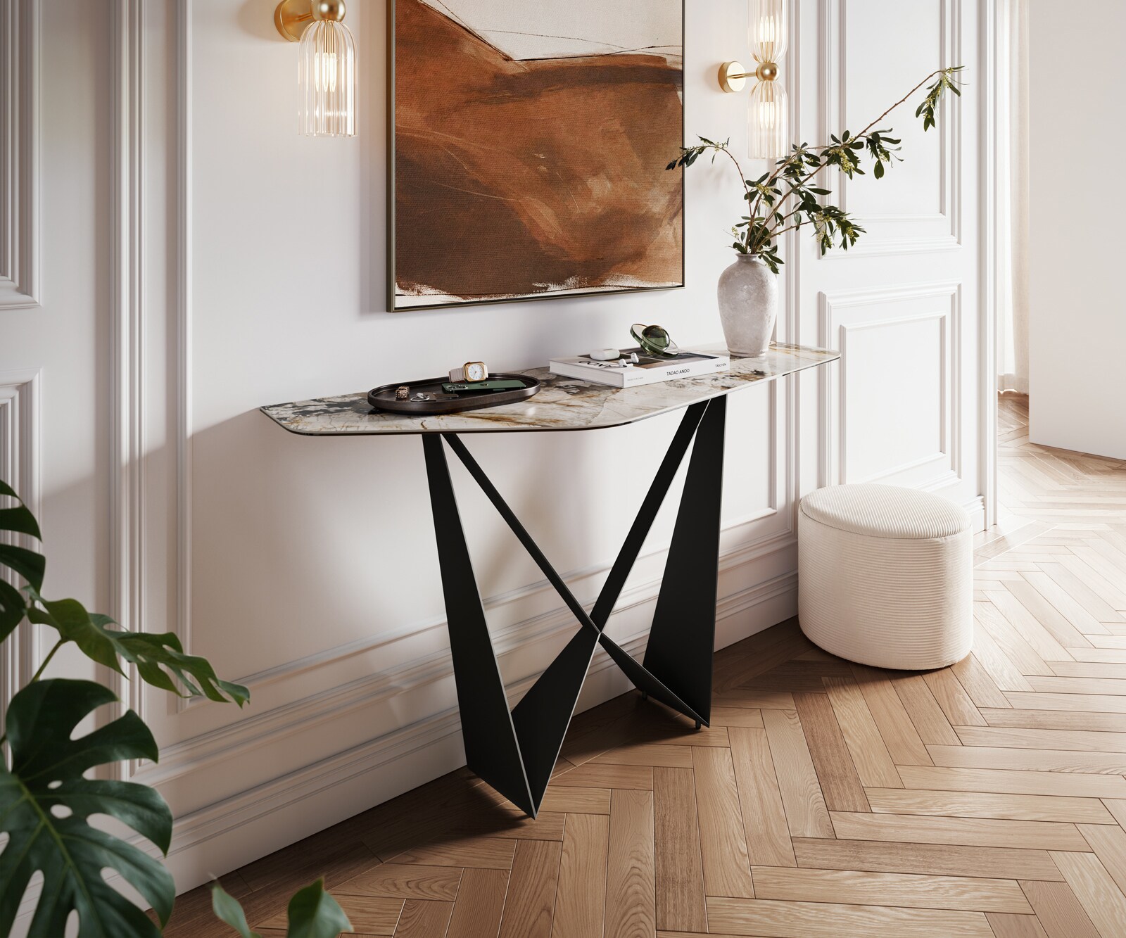 Konsolentisch Edge Polygonal 140x50 cm Keramik Patagonia Poliert Spios Metall Schwarz