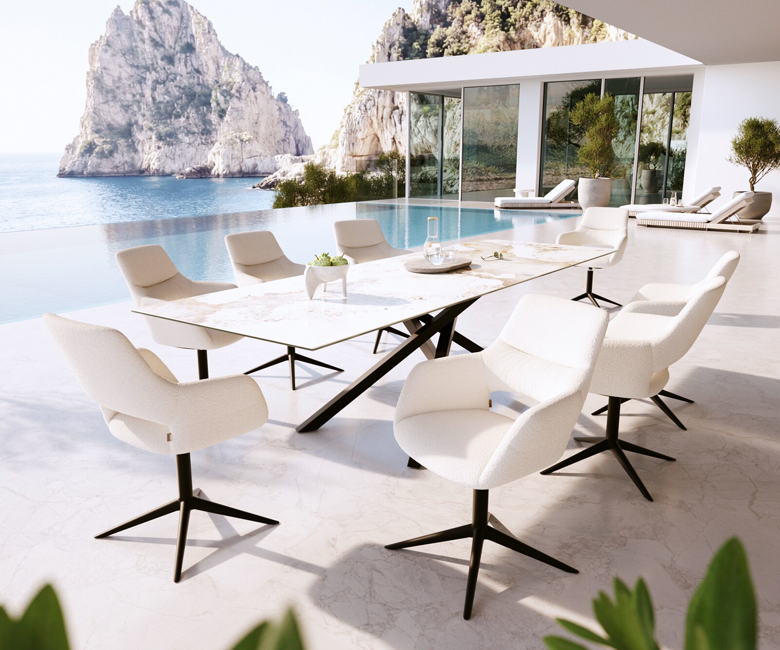 Outdoorstuhl Yago-Flex mit Armlehnen Bouclé Weiß Fußkreuz Schwarz 360° drehbar Wippfunktion 3