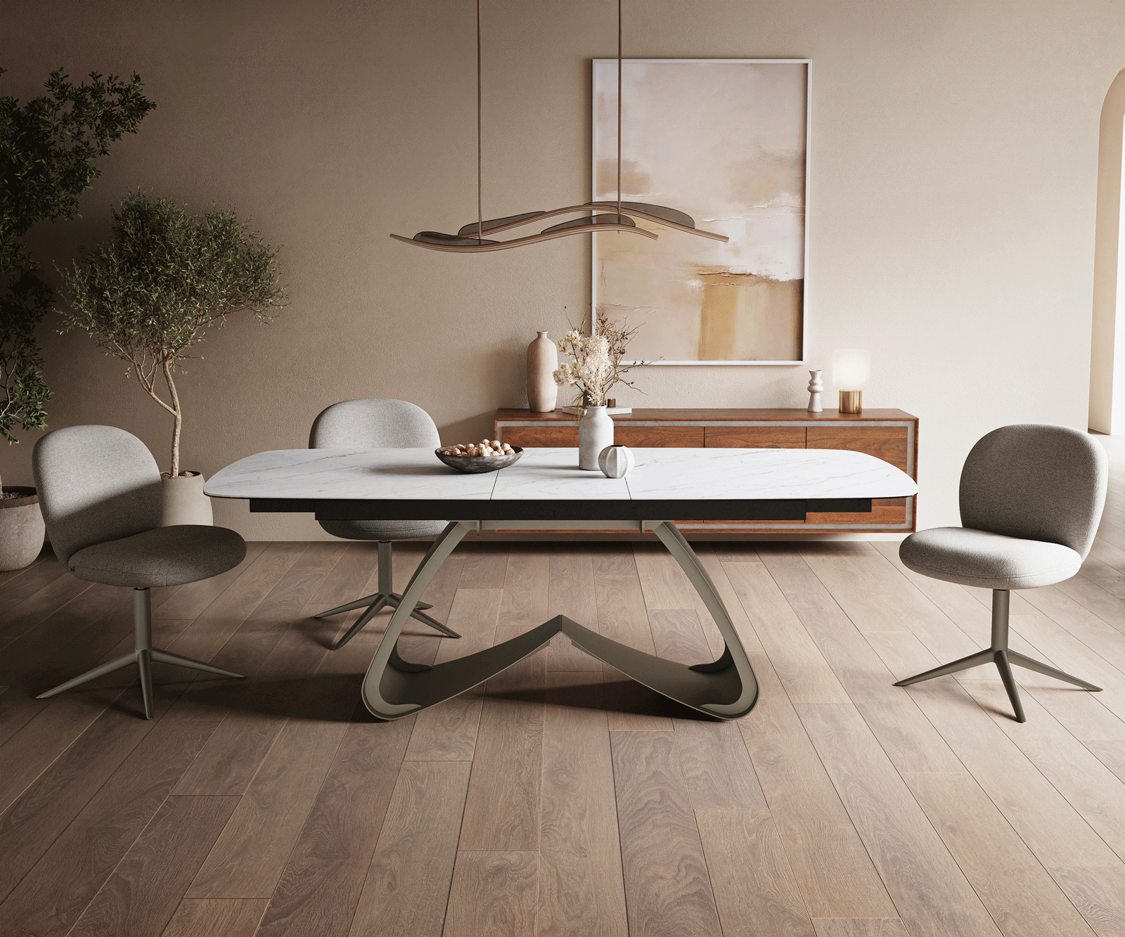 Esstisch Edge Boot 180-220x100 cm Keramik Laminam® Statuarietto Weiß W-Gestell Metall Effektfinish Titan ausziehbar 2