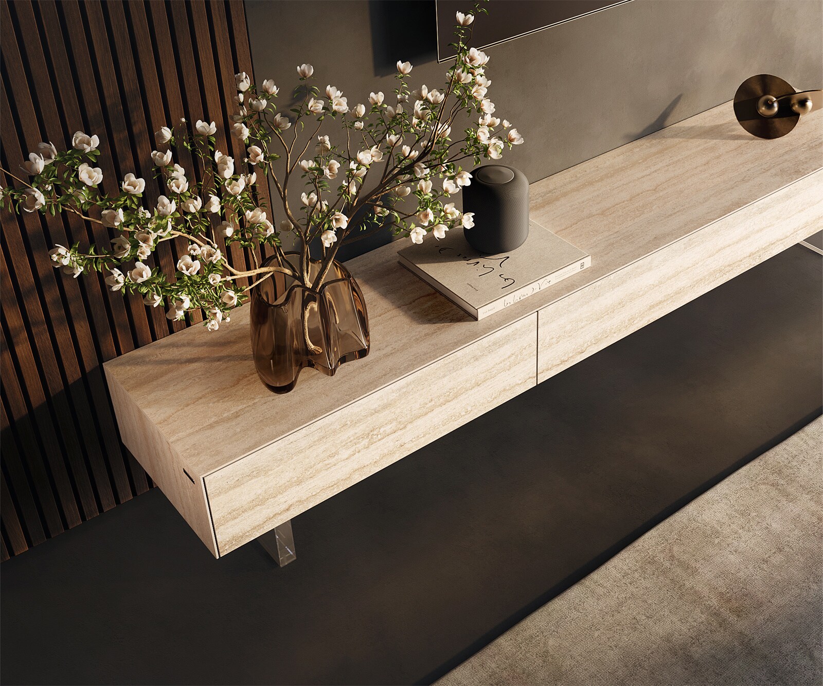 Lowboard Cuor 200 cm Keramik Laminam® Travertino Bianco Creme-Weiß 1 Klappe 1 Schubfach Fuß Schwebeoptik Acrylglas 3