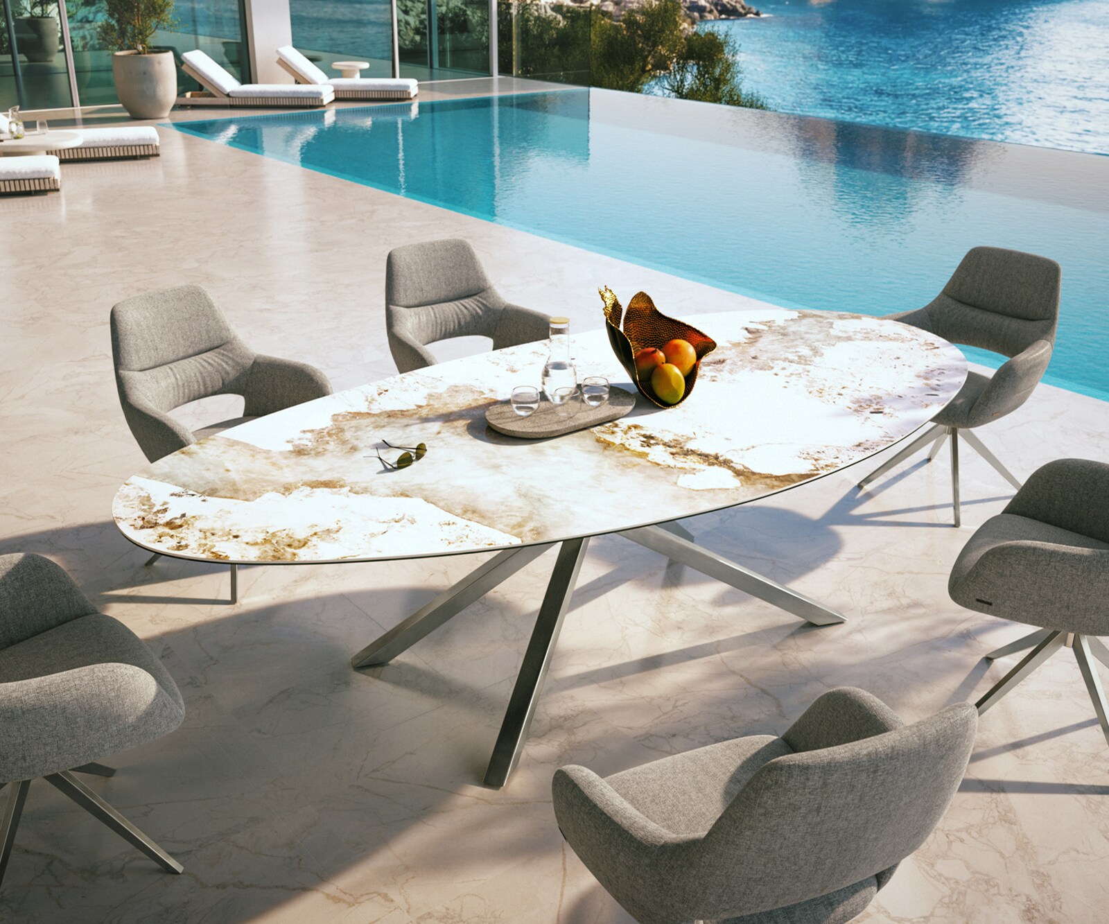 Outdoortisch Edge Oval 280x130 cm Keramik Minas Melange Weiß-Beige Kreuzgestell Rechteck Edelstahl