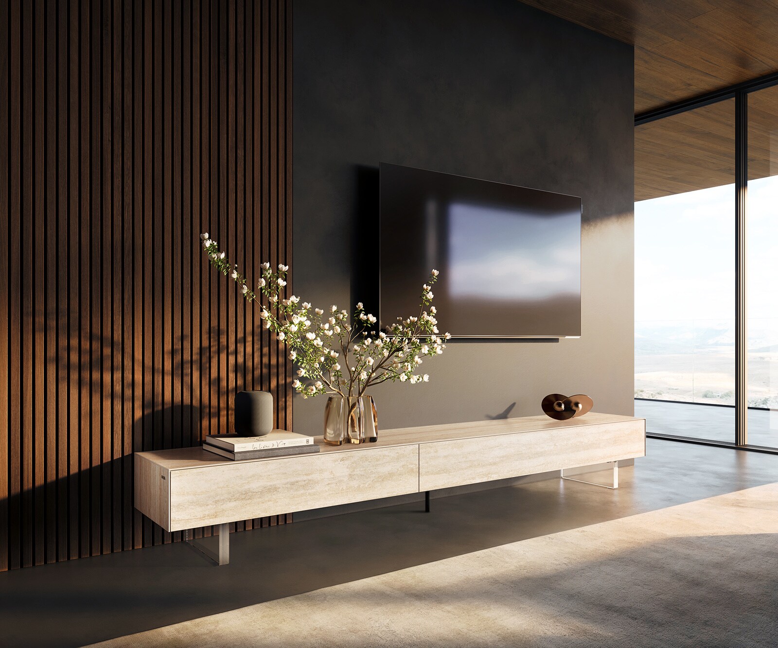Lowboard Cuor 250 cm Keramik Laminam® Travertino Bianco Creme-Weiß 1 Klappe 1 Schubfach Fuß Schwebeoptik Acrylglas