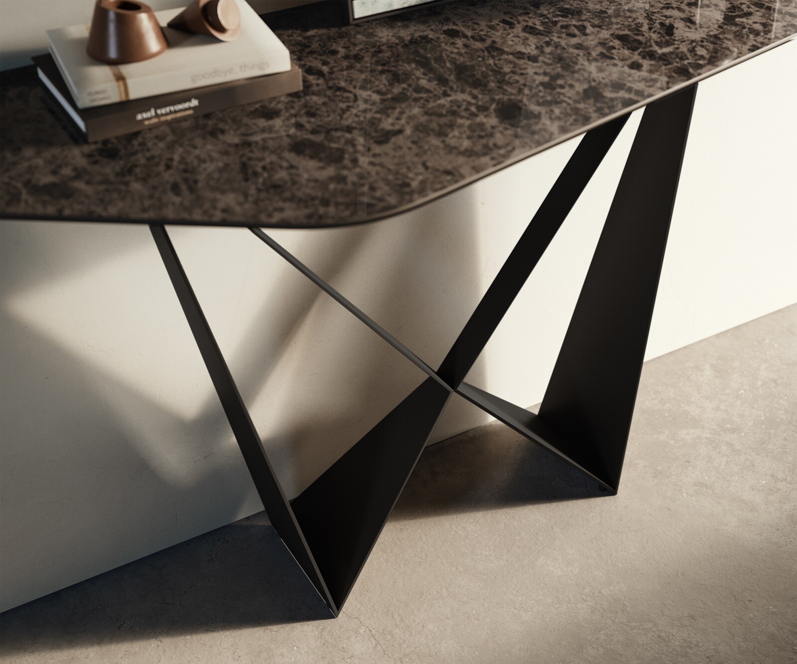 Konsolentisch Edge Polygonal 140x50 cm Keramik Emperador Extra Lucidato Dunkelbraun Spios Metall Schwarz 5