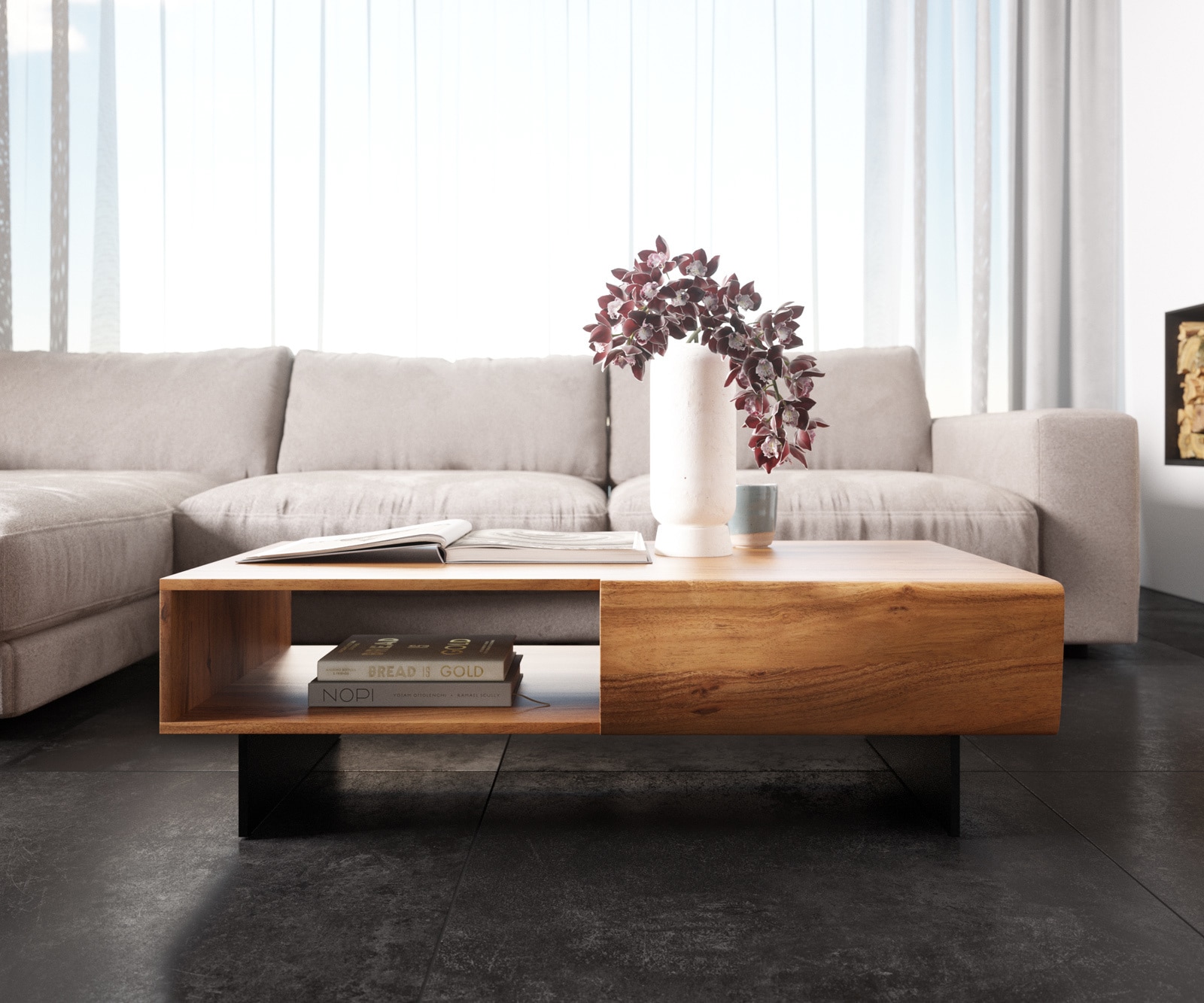 Couchtisch New Live-Edge 115x60 cm Akazie Natur 2 Schubladen 1 Fach Fuß schwebend Metall Schwarz 1 Couchtisch New Live-Edge 115x60 cm Akazie Natur 2 Schubladen 1 Fach Fuß schwebend Metall Schwarz 1