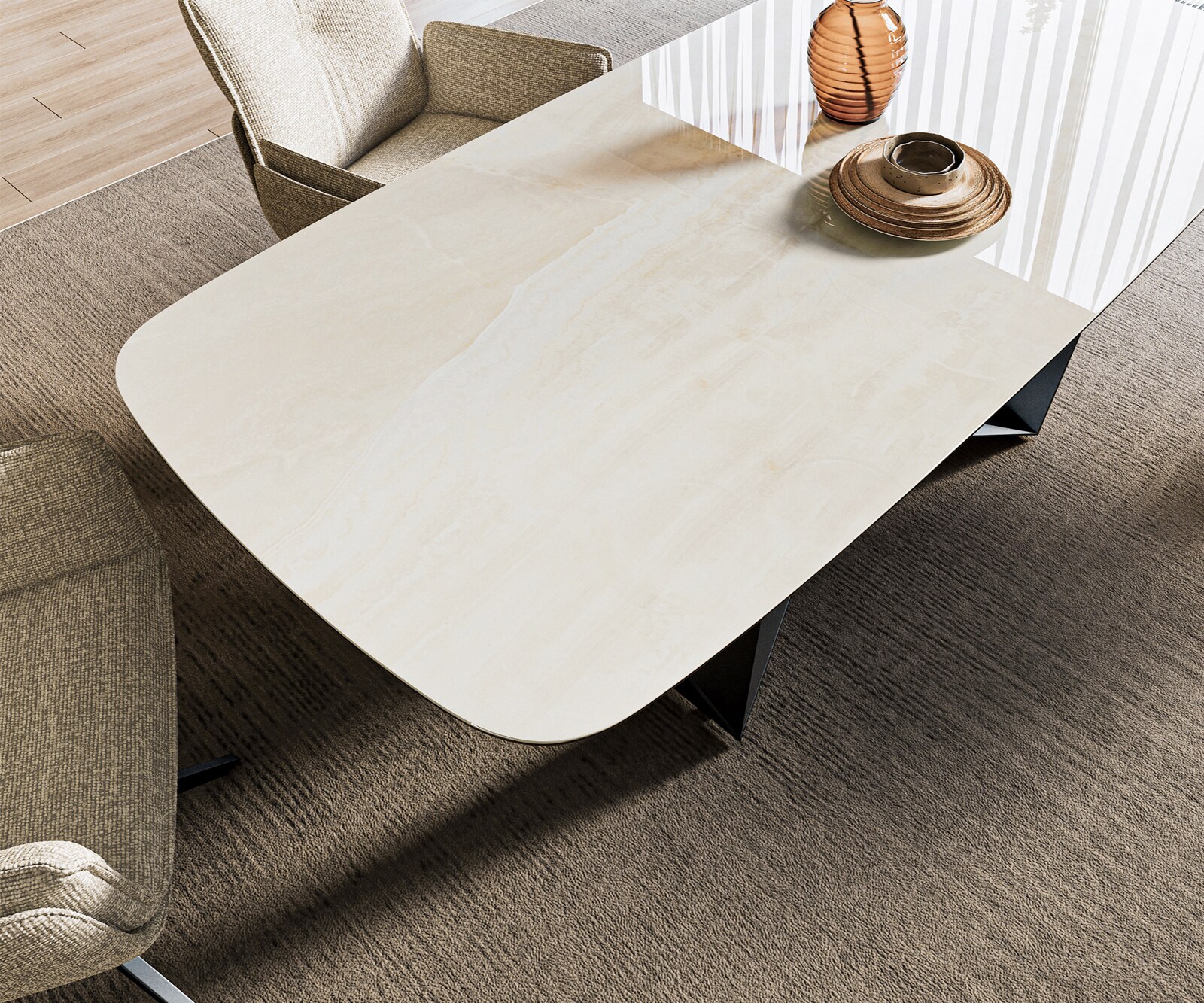 Esstisch Edge Boot 200x100 cm Keramik Onyx Champagne Spider Flachstahl Schwarz 4