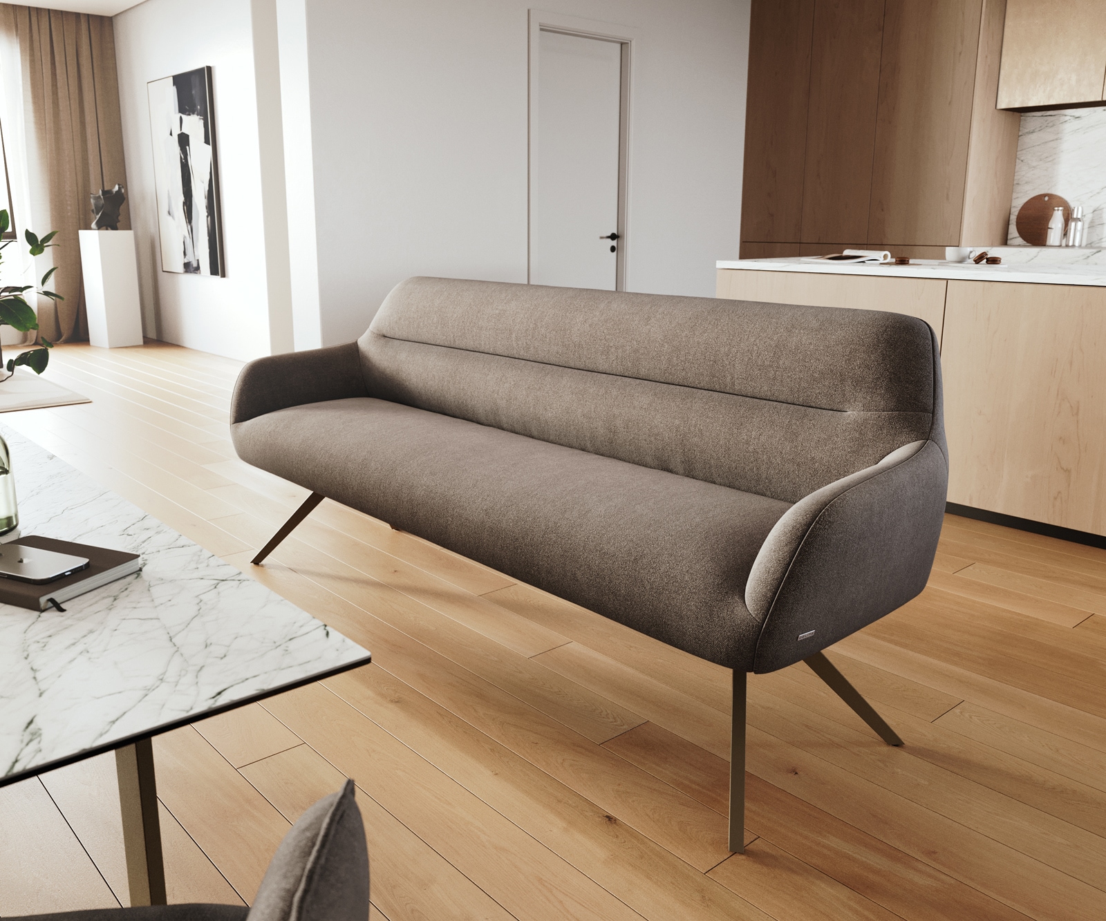 Esszimmerbank Taya-Flex 200 cm Strukturstoff Soft Taupe Kreuzgestell kantig Effektfinish Titan Taschenfederkern 1