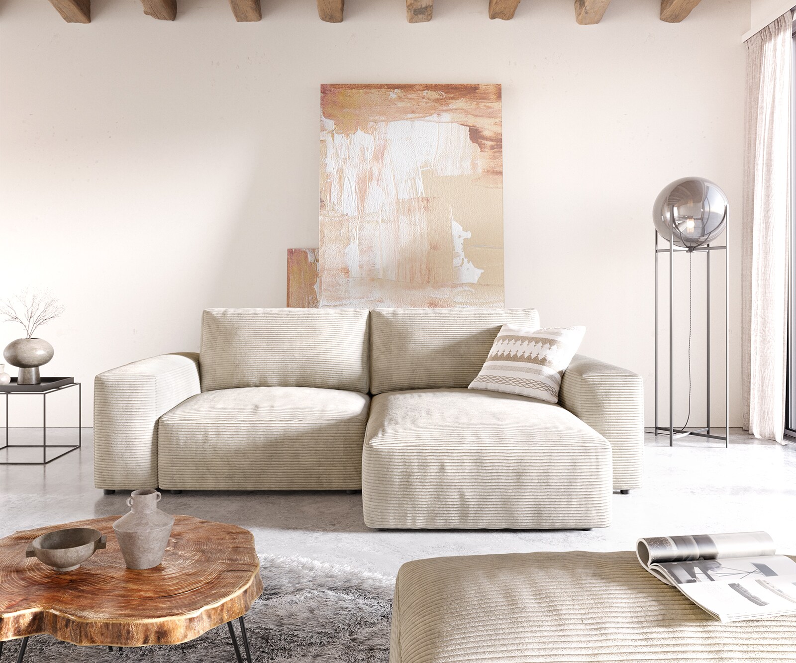 Ecksofa Lanzo 230x155 cm Cord Beige Recamiere variabel mit Hocker 1