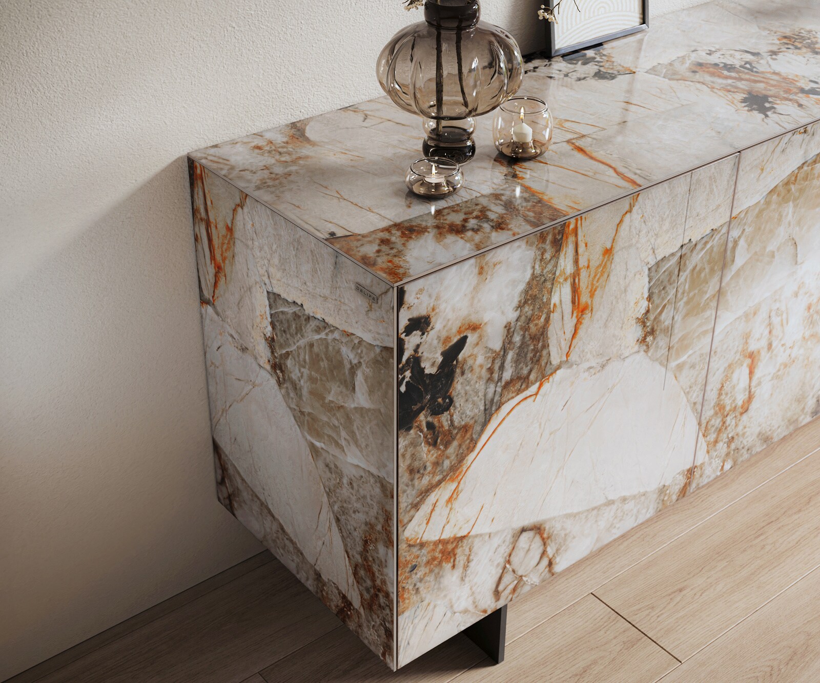 Sideboard Cuor 180 cm Keramik Patagonia Poliert 2 Türen 3 Schubfächer Fuß Schwebeoptik Metall Schwarz 5