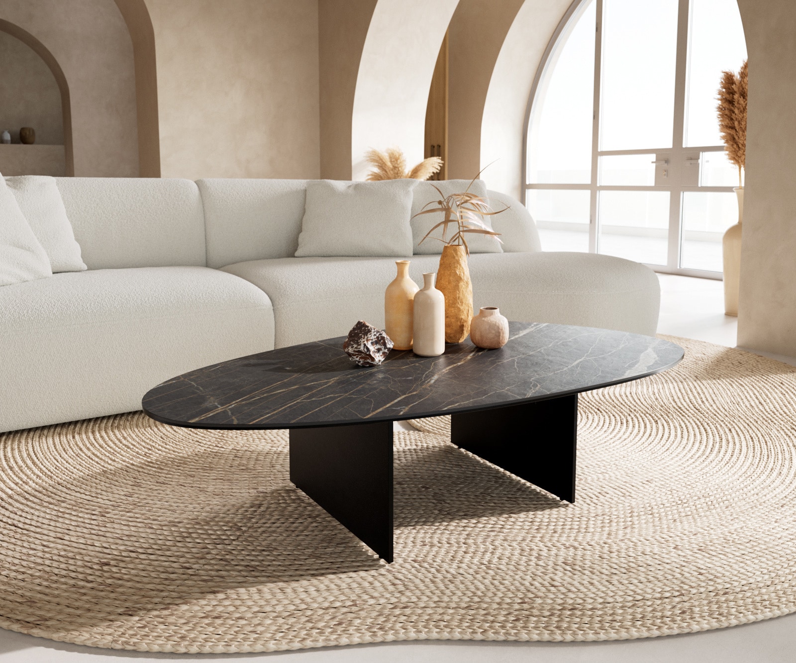 Couchtisch Edge Oval 140x75 cm Keramik Laminam® Noir Desir Braun Salto Metall Schwarz