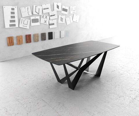 Esstisch Edge Bootsform 200x100cm Laminam® Keramik Noir Desir Braun Mittelfuß Flachstahl Schwarz