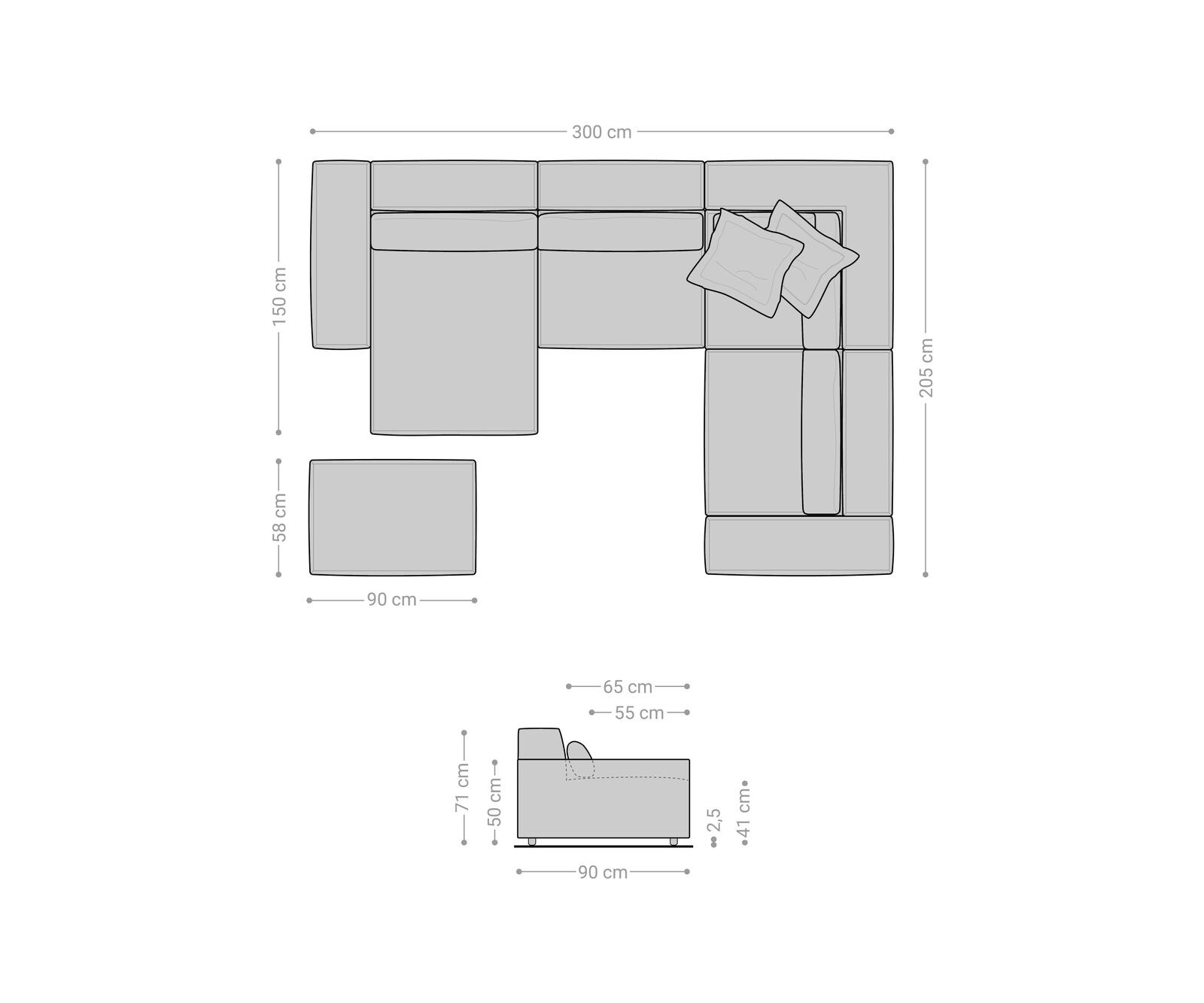 Wohnlandschaft Sirpio 300x200 cm Lederimitat Vintage Anthrazit Recamiere variabel mit Hocker 7