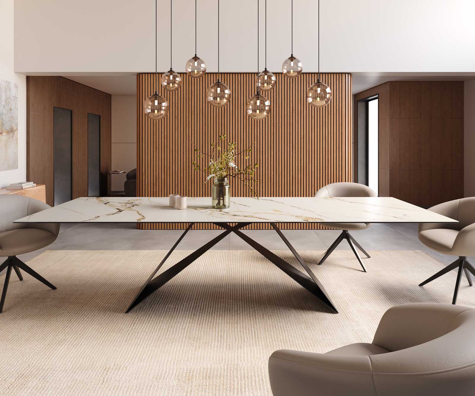 Esstisch Edge 300x100 Keramik Calacatta Luxe Weiß-Gold-Grau V-Gestell Flachstahl Schwarz 2