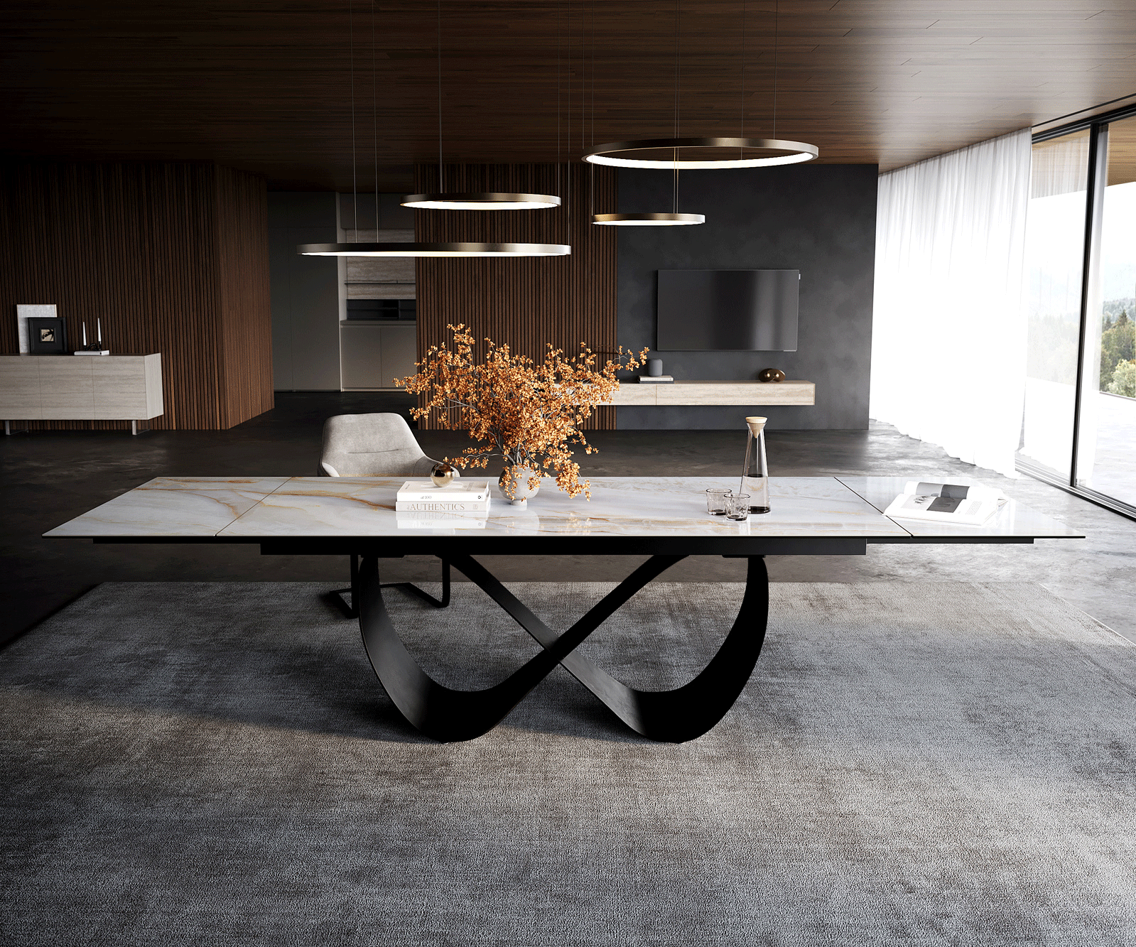 Esstisch Edge 200-300x100 cm Keramik Onyx Pearl Infinity Metall Schwarz ausziehbar 1