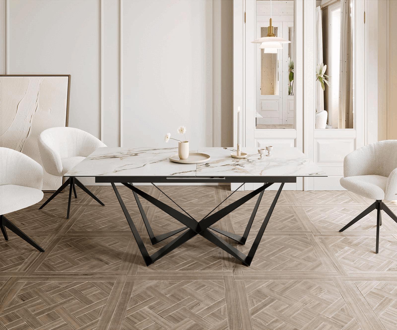 Esstisch Edge 180-220x100 Keramik Calacatta Luxe Weiß-Gold-Grau Spider Flachstahl Schwarz ausziehbar 1
