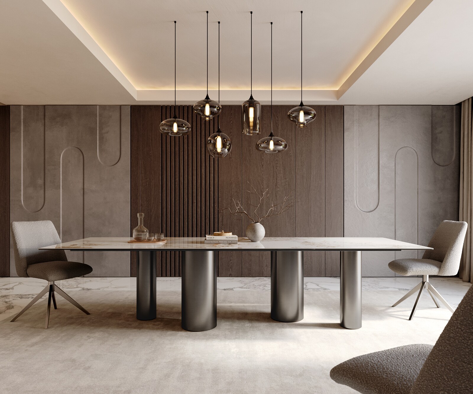 Esstisch Edge 300x100 Keramik Minas Melange Weiß-Beige Pilier Edelstahl Graphit 1