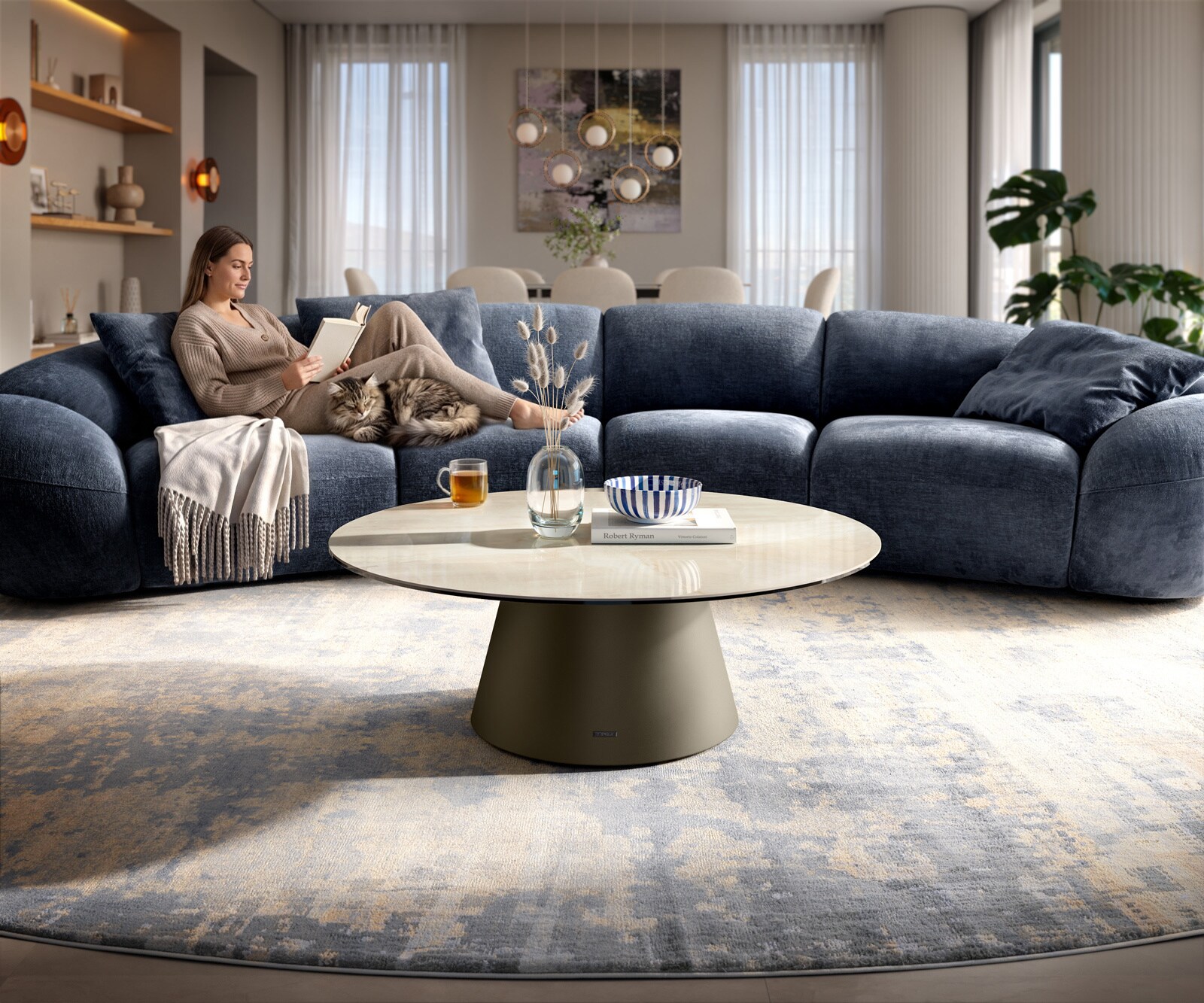 Couchtisch Edge Rund 100x100 cm Keramik Onyx Champagne Borna Effektfinish Titan