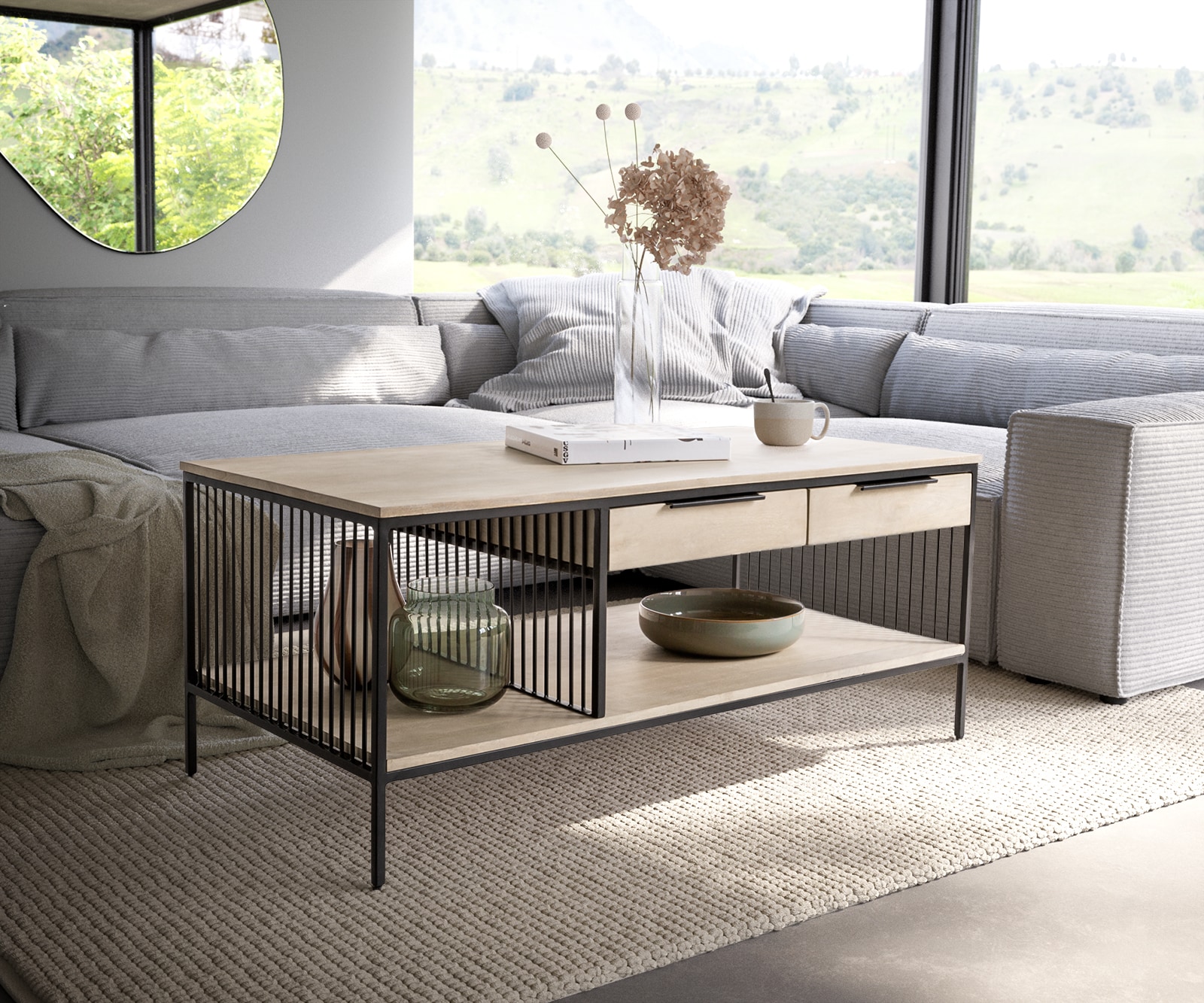 Couchtisch Libina 120x60 cm Mango White Wash Metall Schwarz 2 Schubladen Couchtisch Libina 120x60 cm Mango White Wash Metall Schwarz 2 Schubladen