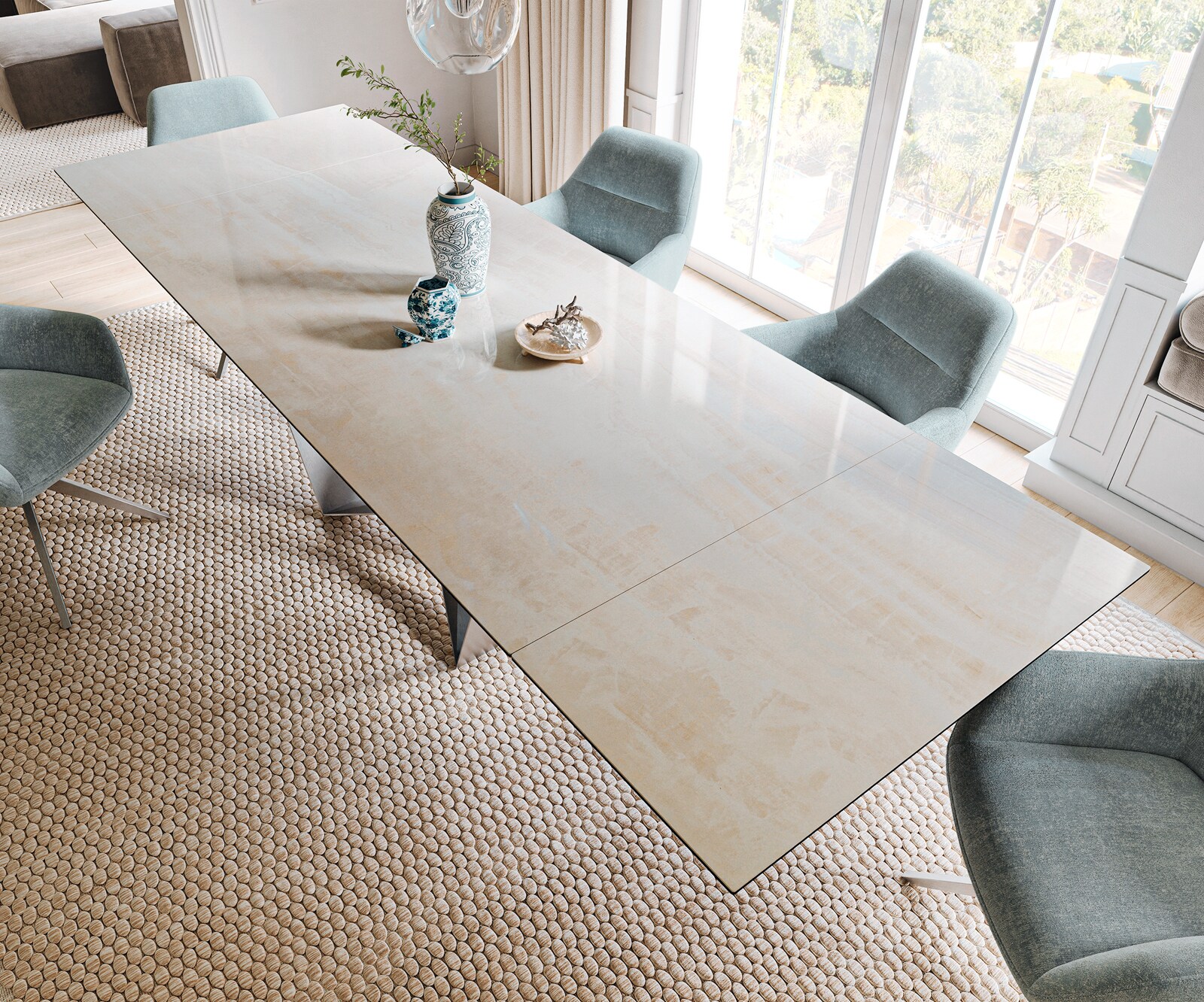 Esstisch Edge 200-300x100 cm Keramik Onyx Champagne Spider Flachstahl Edelstahl ausziehbar 4