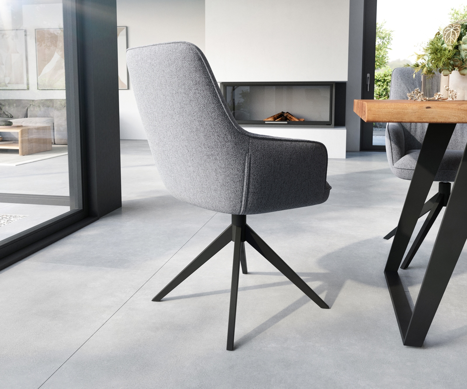 Esszimmerstuhl Zelia-Flex mit Armlehnen Strukturstoff Hellgrau Kreuzgestell breit Schwarz Taschenfederkern 4 Esszimmerstuhl Zelia-Flex mit Armlehnen Strukturstoff Hellgrau Kreuzgestell breit Schwarz Taschenfederkern 4
