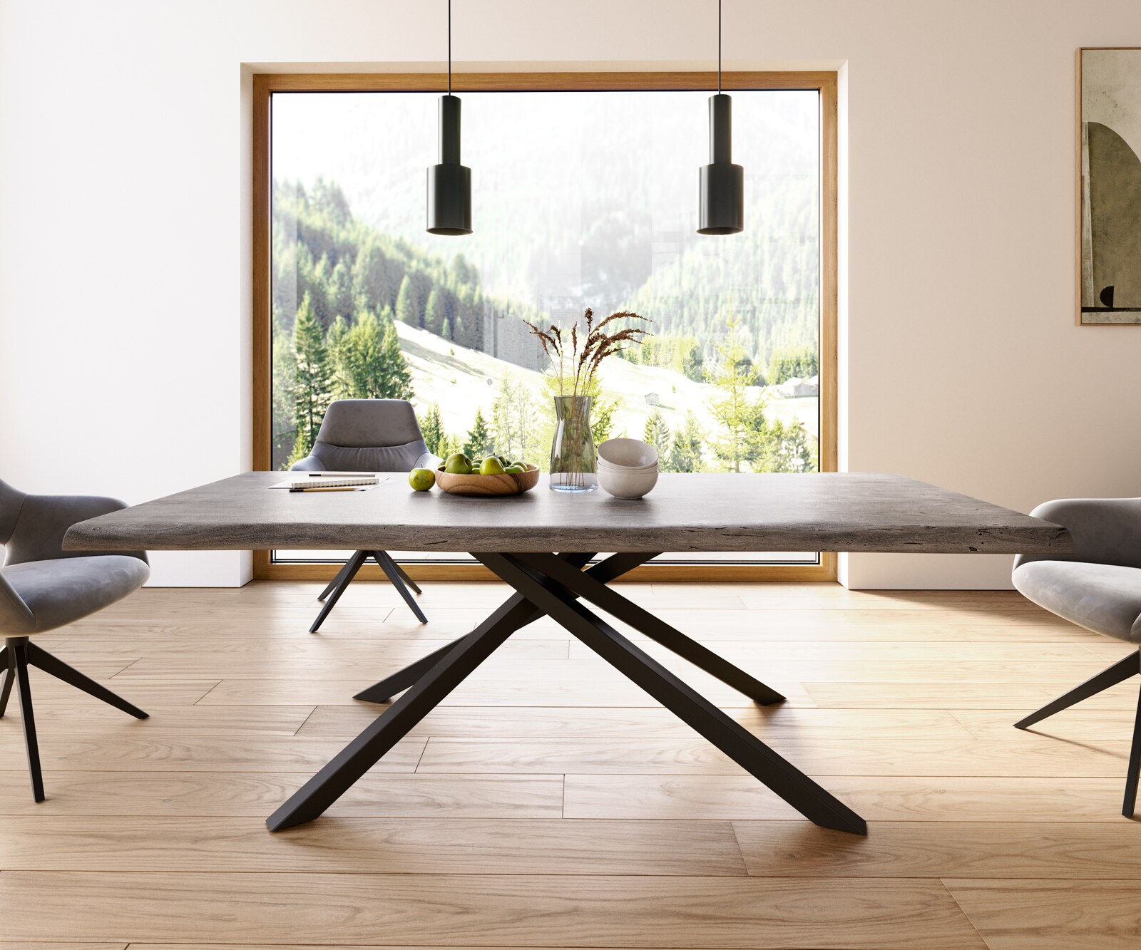 Esstisch Edge 220x100 XL Akazie Platin Kreuzgestell Rechteck Schwarz Live-Edge 2