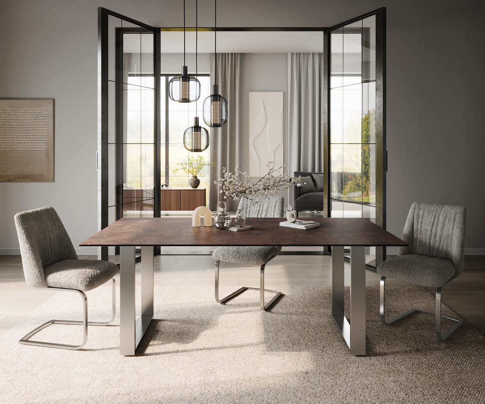 Esstisch Edge 200x100 Glas Antique-braun Edelstahl Schmal 1 Esstisch Edge 200x100 Glas Antique-braun Edelstahl Schmal 1