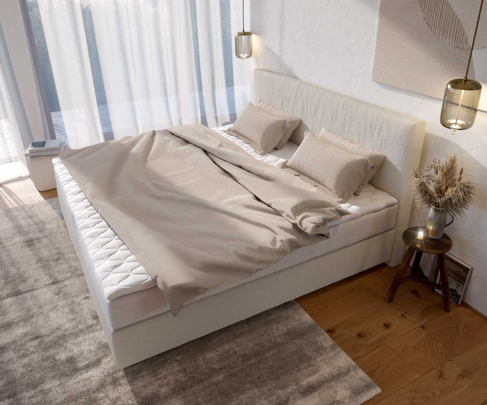 Boxspringbett Dream-Well Bouclé Creme-Weiß 200x200 cm mit Taschenfederkernmatratze und Topper Visco 3
