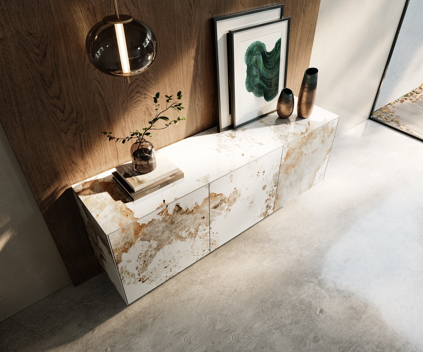Sideboard Cuor 180 cm Keramik Minas Melange Weiß-Beige 2 Türen 3 Schubfächer Schwebend 4
