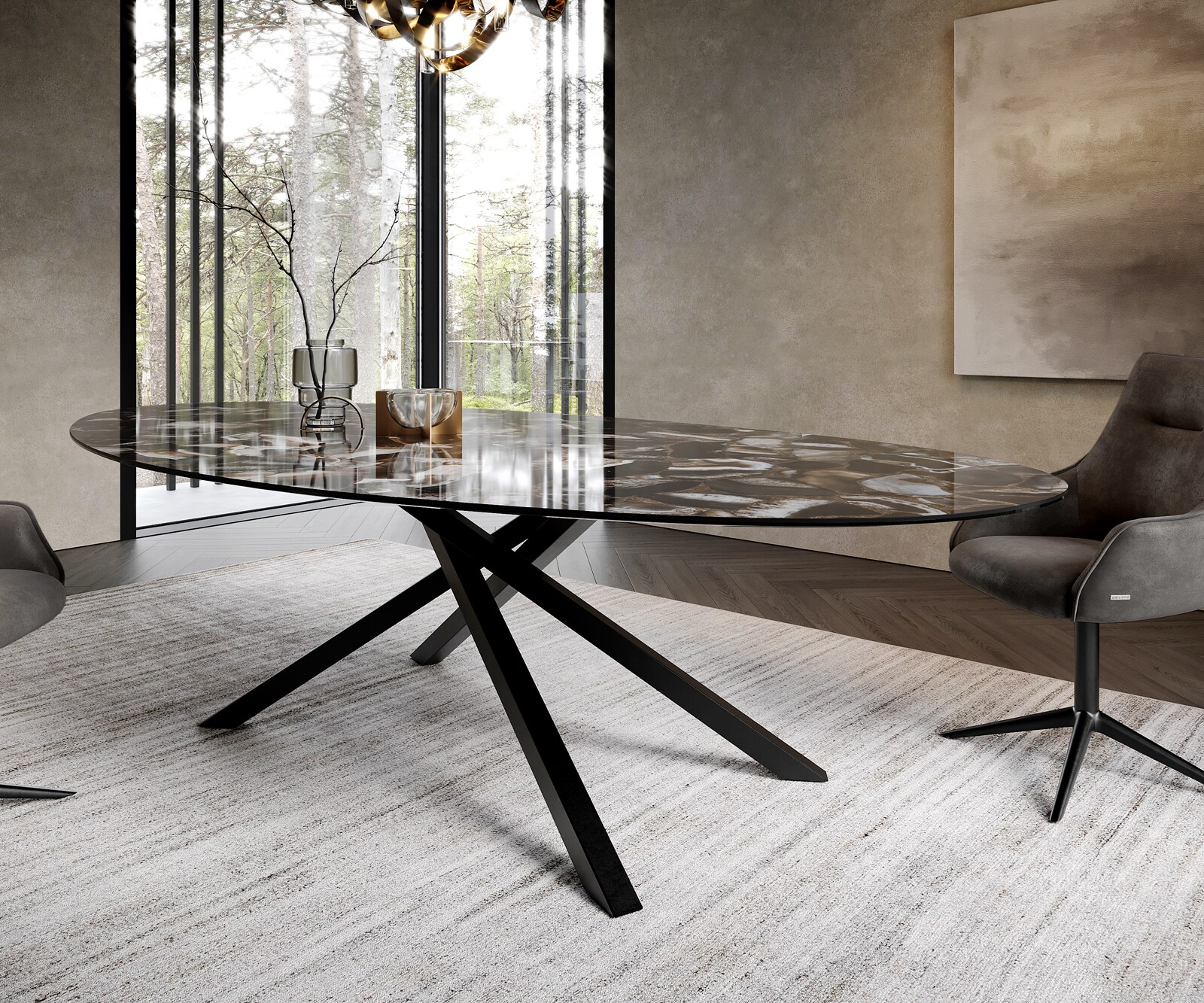 Esstisch Edge Oval 280x130 cm Keramik Iris FMG Agatablack Kreuzgestell Rechteck Schwarz 5