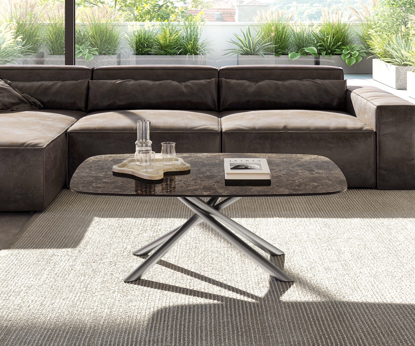 Couchtisch Edge Boot 120x70 cm Keramik Laminam® Emperador Extra Lucidato Dunkelbraun Sarity Edelstahl gebürstet 1