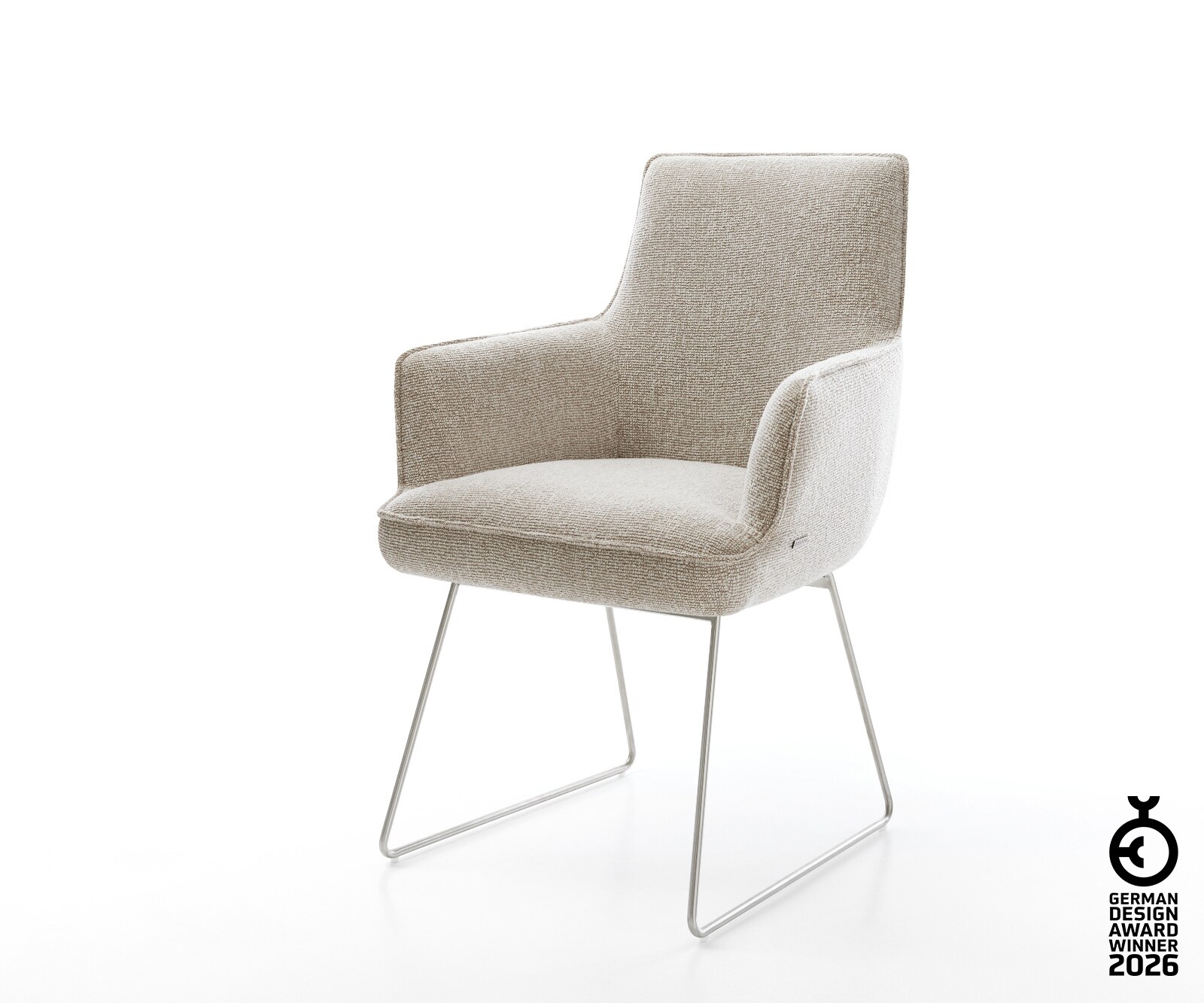 Esszimmerstuhl Heira-Flex mit Armlehnen Webstoff Soft Beige Kufengestell Edelstahl Taschenfederkern