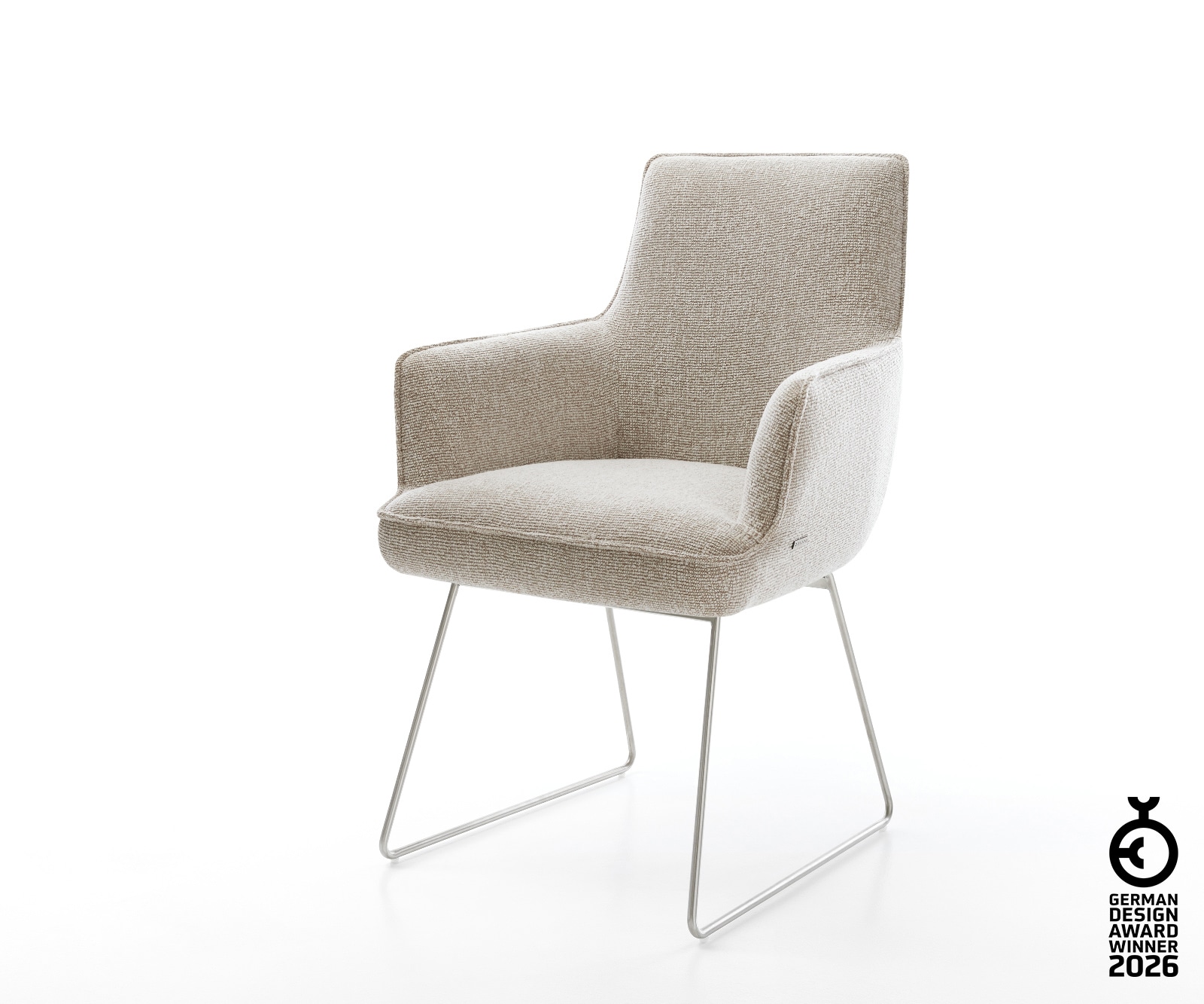 Esszimmerstuhl Heira-Flex mit Armlehnen Webstoff Soft Beige Kufengestell Edelstahl Taschenfederkern