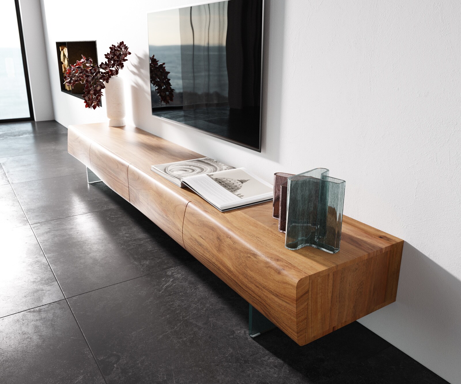 Lowboard New Live-Edge 240 cm Akazie Natur 4 Schubladen Glasfuß 1