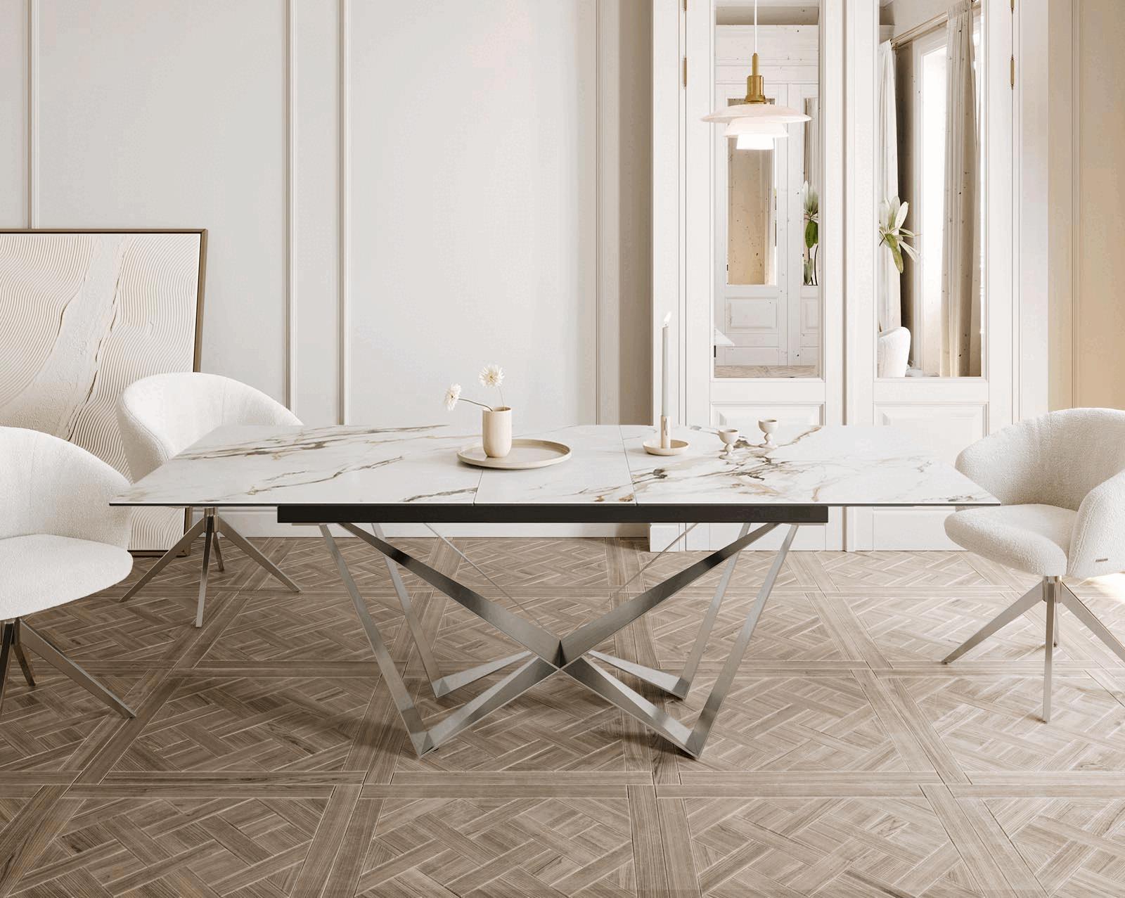 Esstisch Edge 180-220x100 Keramik Calacatta Luxe Weiß-Gold-Grau Spider Flachstahl Edelstahl ausziehbar