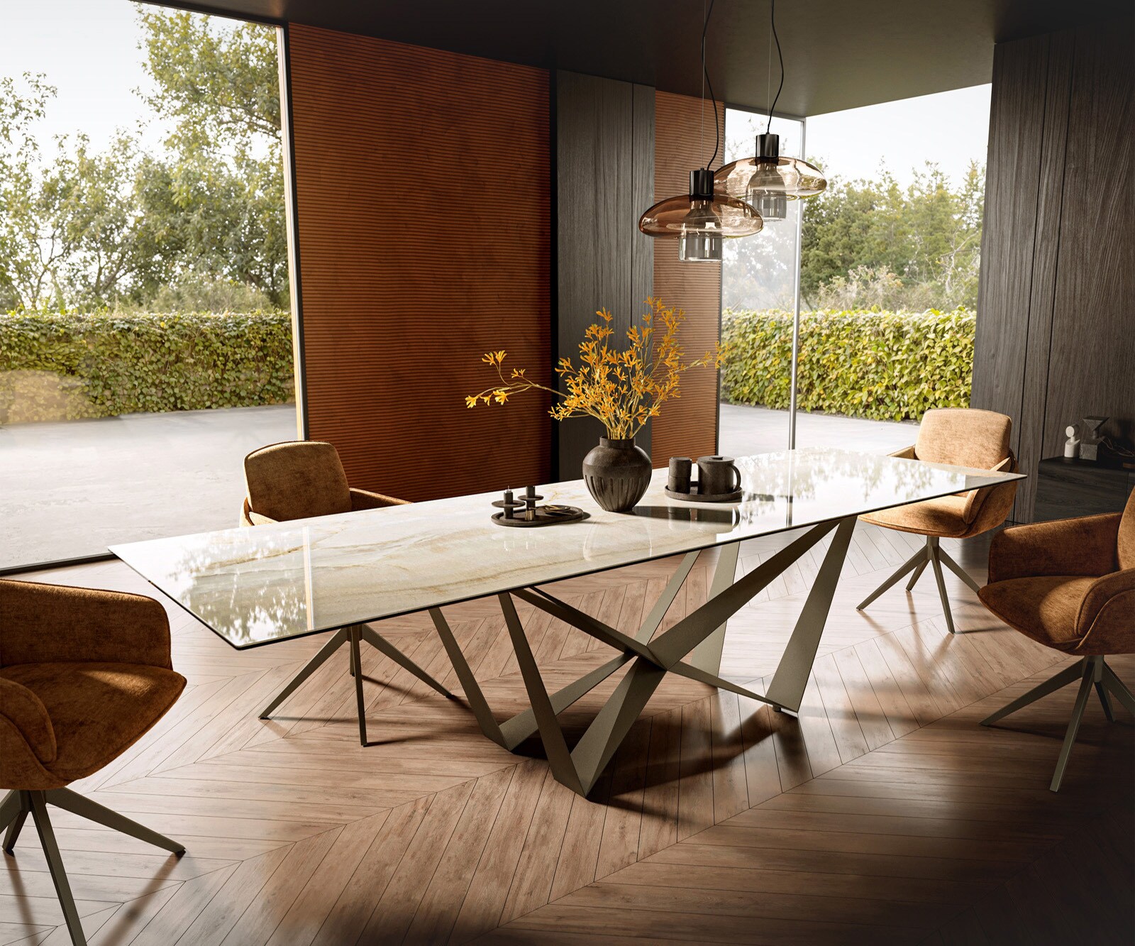 Esstisch Edge 300x100 Keramik Laminam® Onice Oro ?Spider Metall Effektfinis günstig online kaufen
