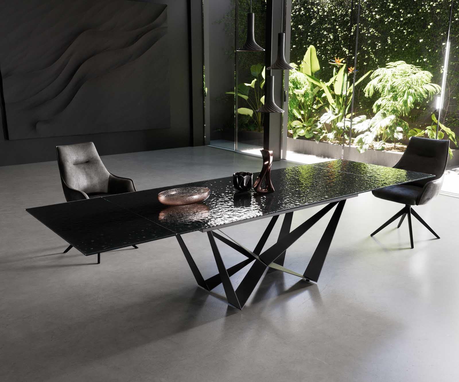 Esstisch Edge 200-300x100 Reliefglas Rauchschwarz 3D-Design Spider Flachstahl Schwarz ausziehbar Esstisch Edge 200-300x100 Reliefglas Rauchschwarz 3D-Design Spider Flachstahl Schwarz ausziehbar