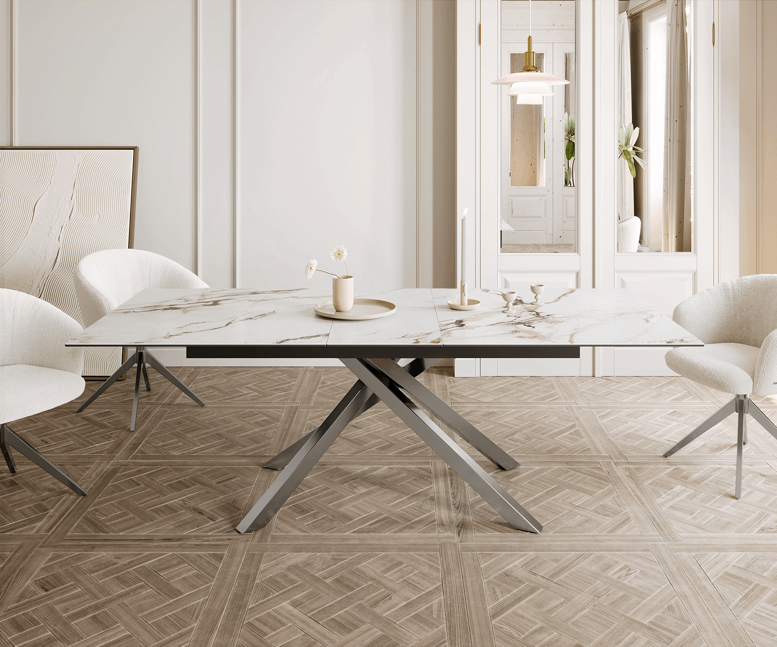 Esstisch Edge 180-220x100 Keramik Calacatta Luxe Weiß-Gold-Grau Kreuzgestell Rechteck Edelstahl ausziehbar 1
