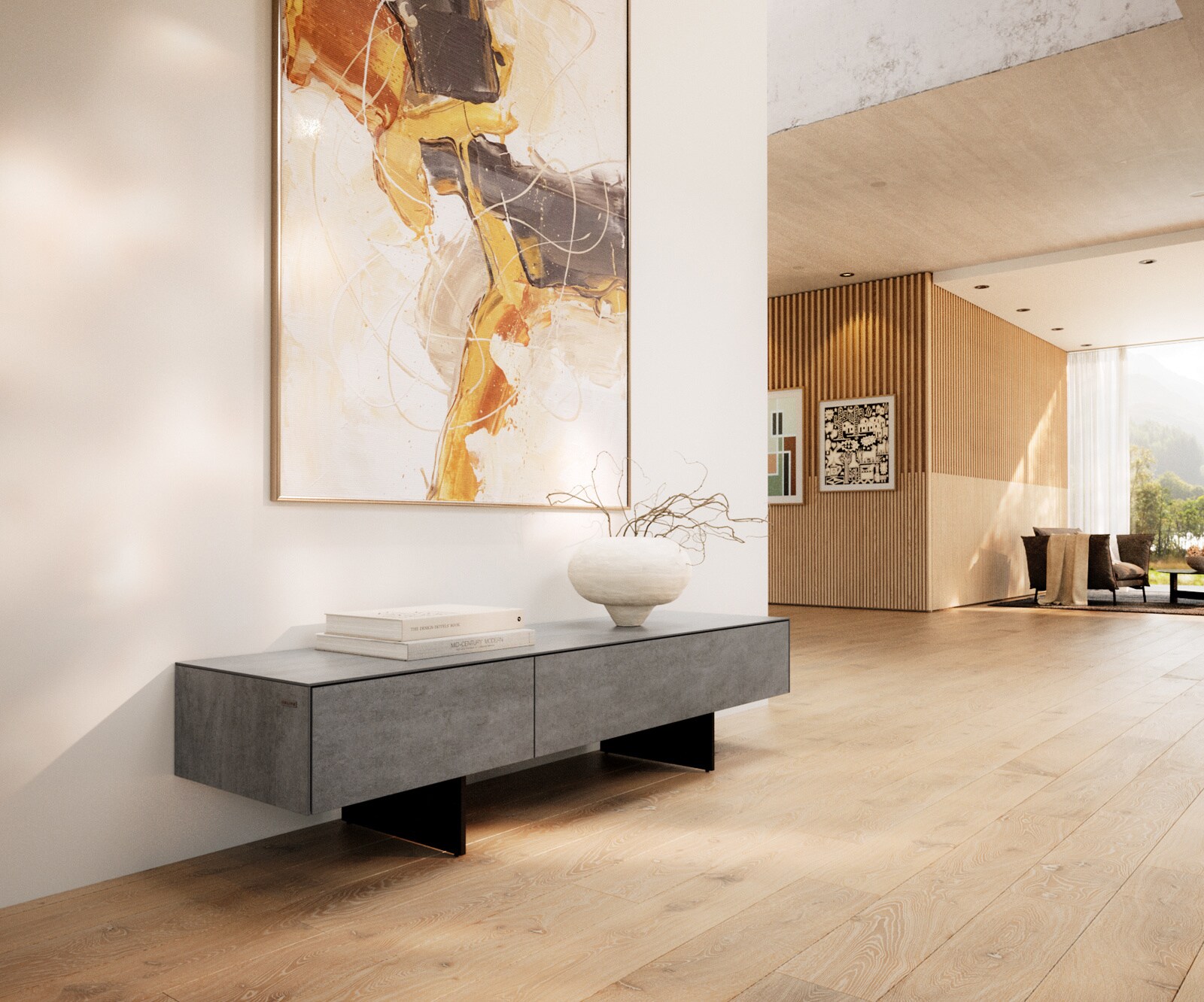 Lowboard Cuor 150 cm Keramik Beton Grau 1 Klappe 1 Schubfach Fuß Schwebeoptik Metall Schwarz 1