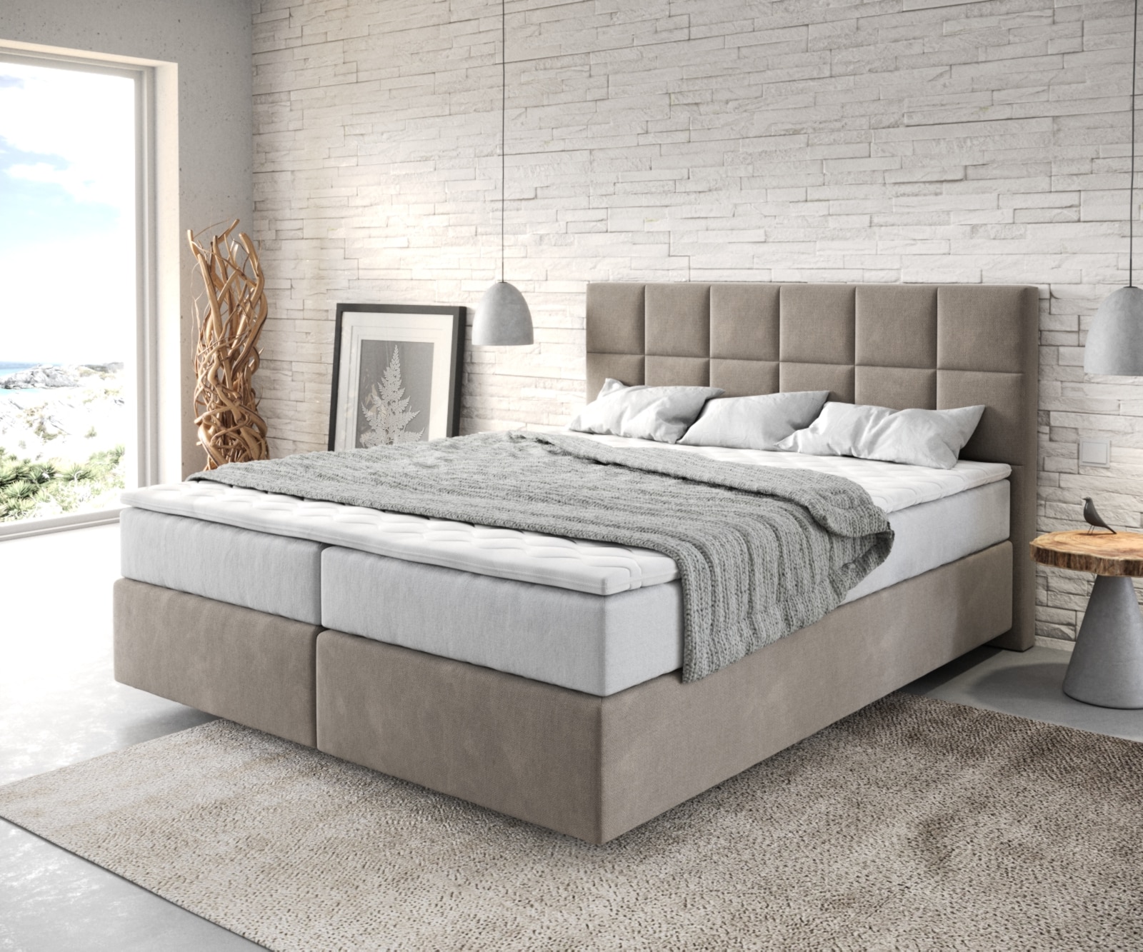 Boxspringbett Dream-Fine 160x200 cm Mikrofaser Beige mit TFK Matratze und Visco Topper Boxspringbett Dream-Fine 160x200 cm Mikrofaser Beige mit TFK Matratze und Visco Topper