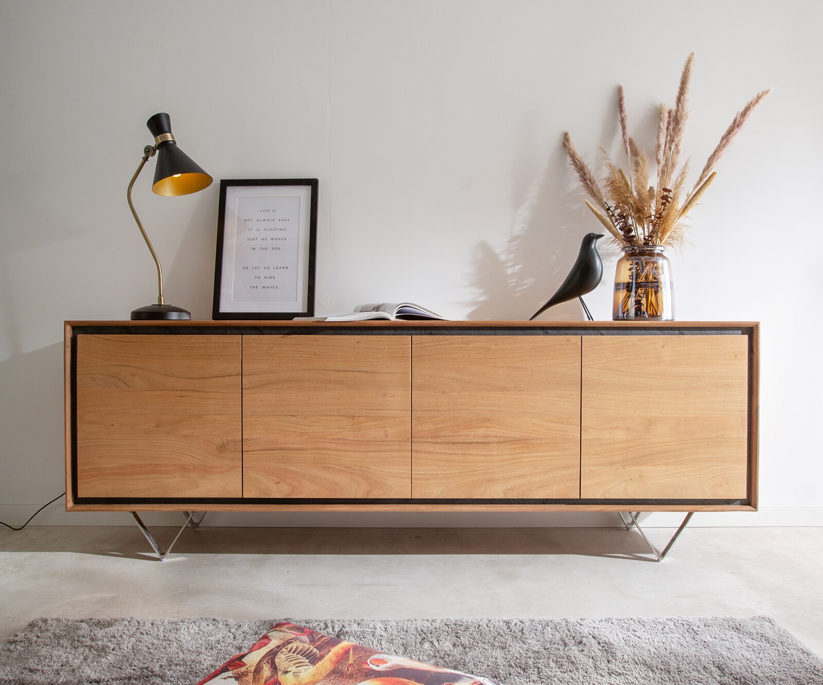 Sideboard Stonegrace 200 cm Akazie Natur 4 Türen Steinfurnier V-Fuß 1
