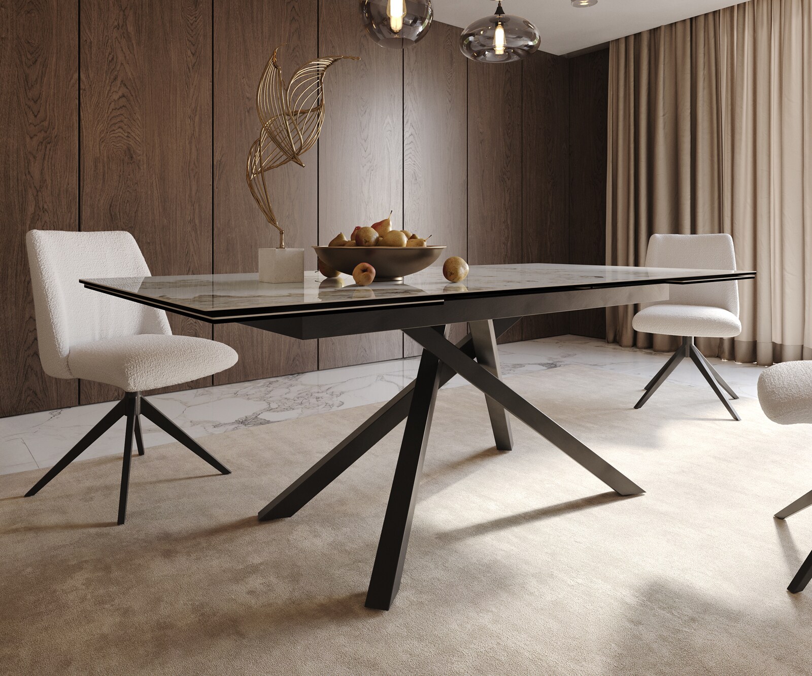 Esstisch Edge 200-300x100 Keramik Minas Melange Weiß-Beige Kreuzgestell Rechteck Schwarz ausziehbar 6