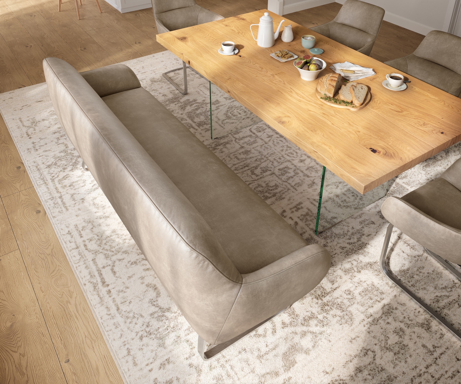 Esszimmerbank Taya-Flex 200 cm Mikrofaser Beige Vintage Kufengestell flach Edelstahl Taschenfederkern 3