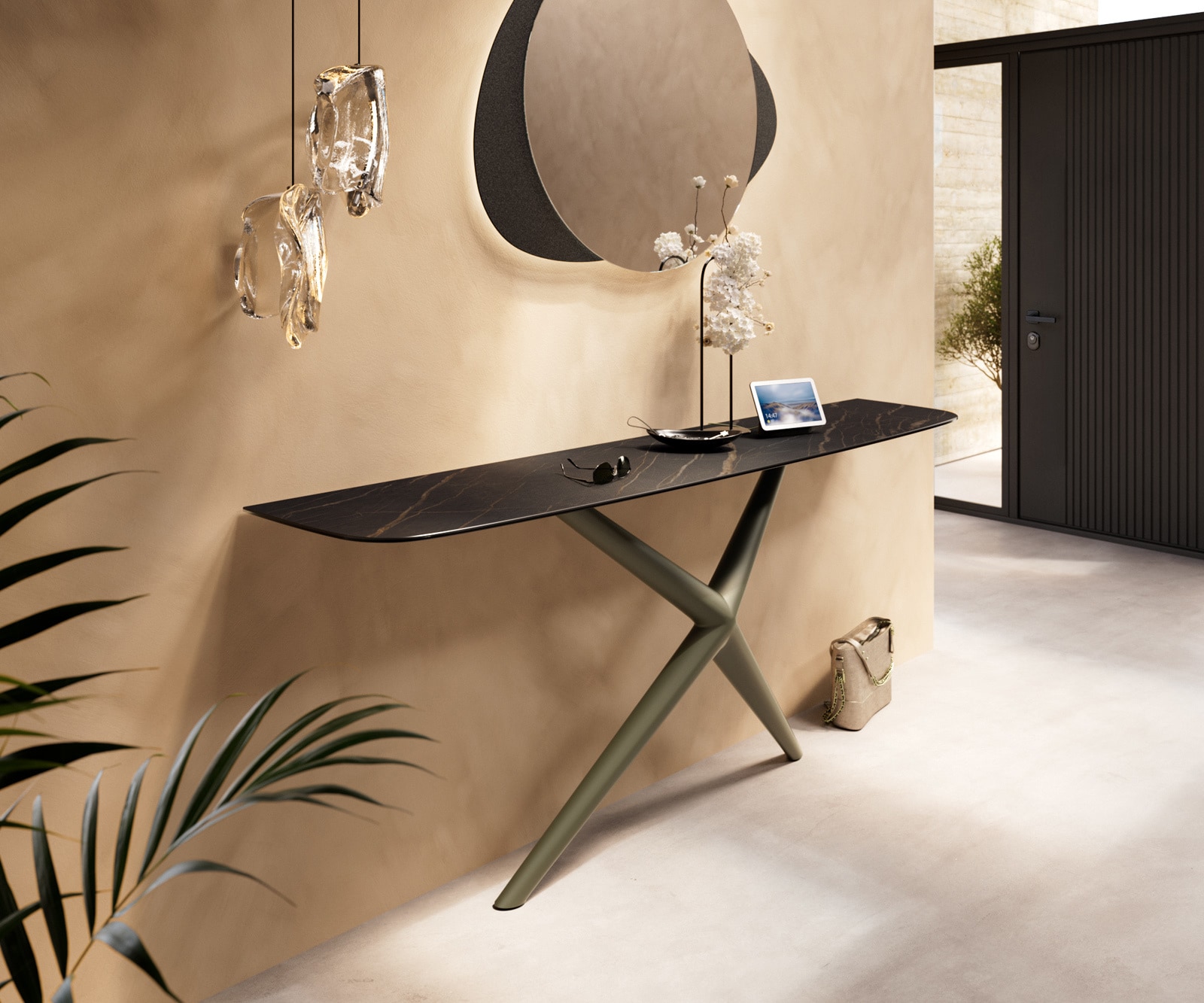Konsolentisch Edge Boot 180x40 cm Keramik Laminam® Noir Desir Braun Estelo Metall Effektfinish Titan 4
