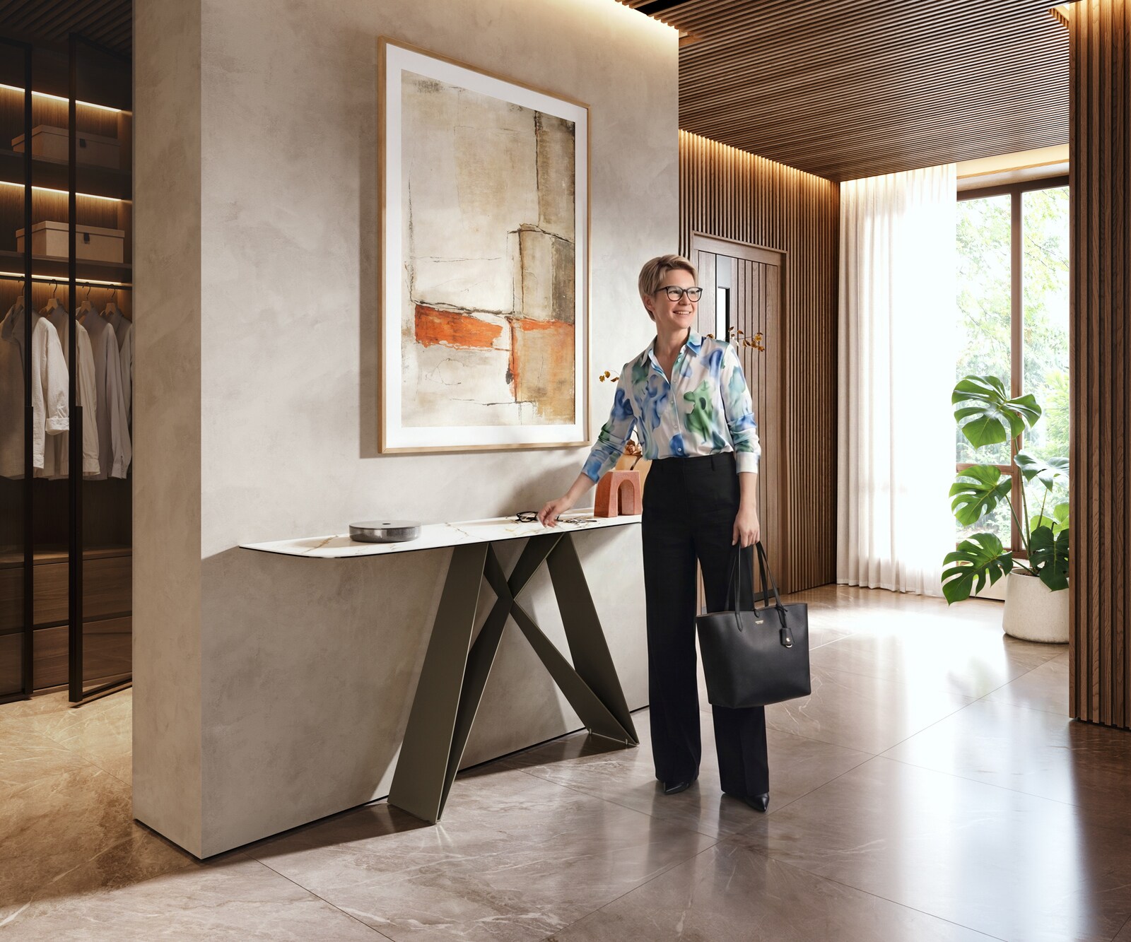 Konsolentisch Edge Boot 180x40 cm Keramik Calacatta Luxe Weiß-Gold-Grau Velio Metall Effektfinish Titan 5