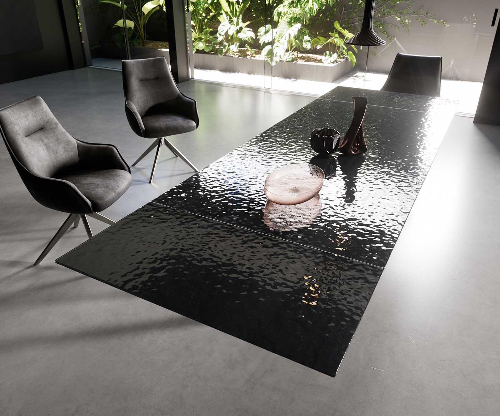 Esstisch Edge 200-300x100 Reliefglas Rauchschwarz 3D-Design V-Gestell Flachstahl Schwarz ausziehbar 6 Esstisch Edge 200-300x100 Reliefglas Rauchschwarz 3D-Design V-Gestell Flachstahl Schwarz ausziehbar 6