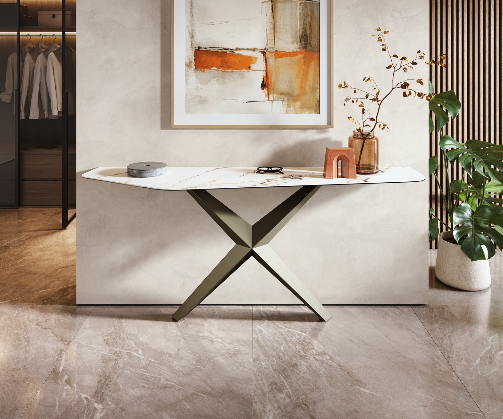 Konsolentisch Edge Polygonal 180x50 cm Keramik Calacatta Luxe Weiß-Gold-Grau Zentharo Metall Effektfinish Titan 3